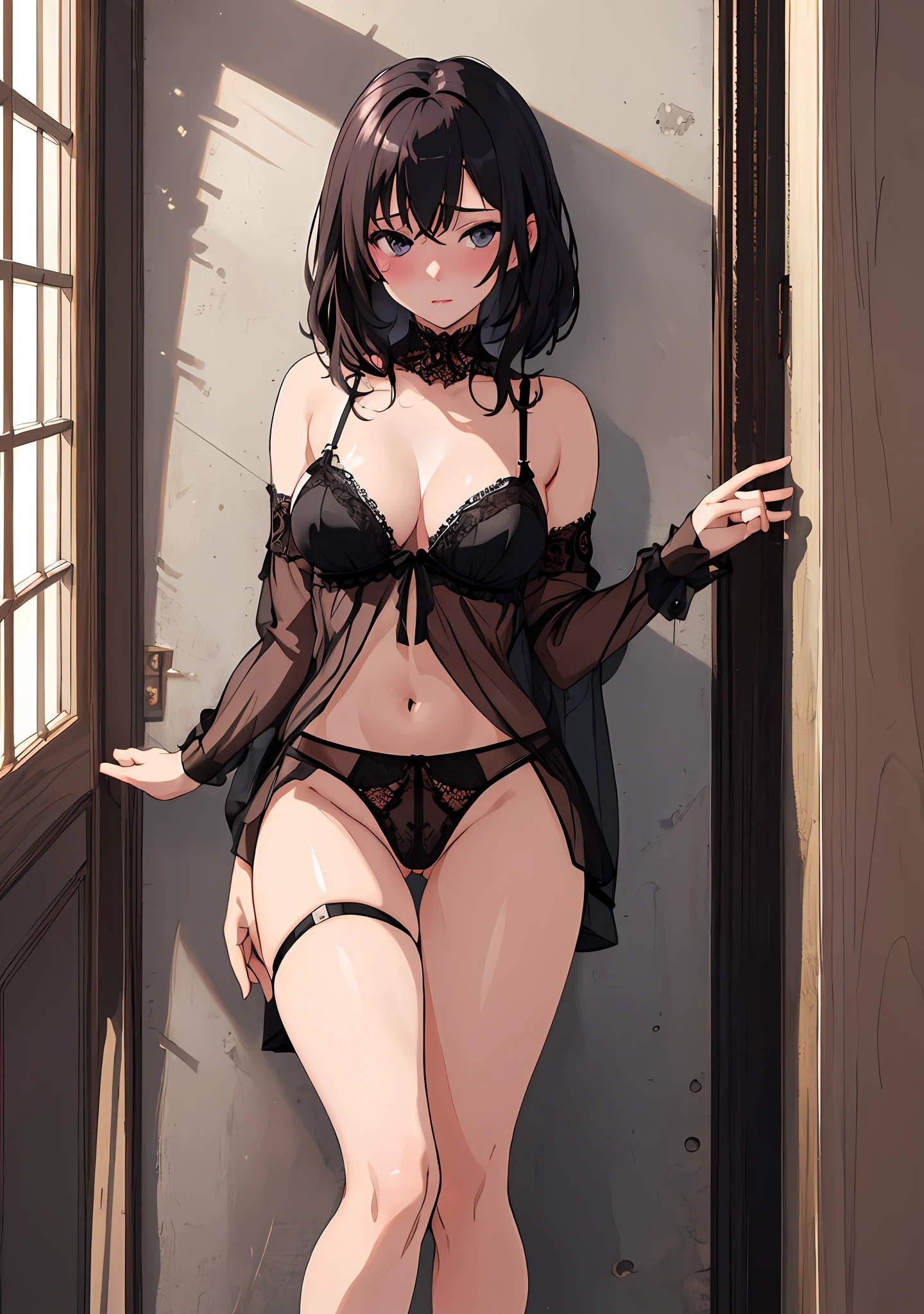 "(A true masterpiece with the best quality), featuring one girl in nsfw lingerie, looking shy but also showing off her beauty. She has a flat chest and a captivating cleavage, with panties that are slightly see-through and revealing. The hint of a nip adds an extra layer of sensuality to this stunning image."