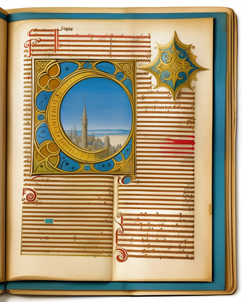 a medieval manuscript, illuminated manuscript, detailed text, vignette, text, view from above, centred, extremely high details