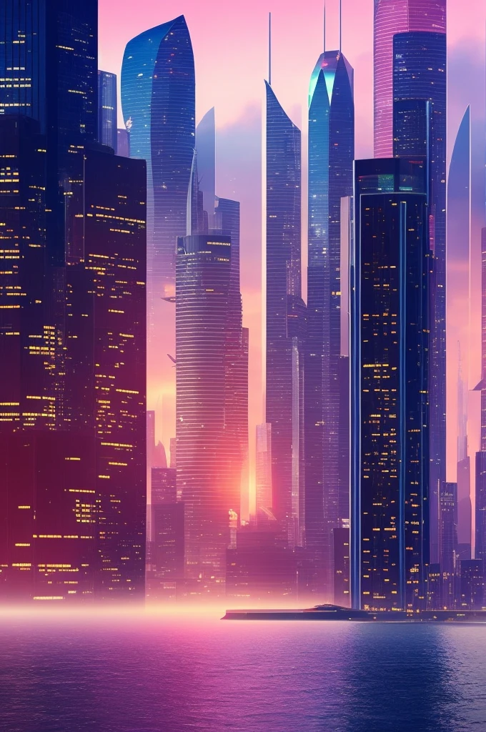 Create a futuristic city concept art scene, featuring towering skyscrapers and sleek, aerodynamic flying cars. The OLED GUI interfaces with high-resolution displays in the building windows are filled with transparent infographics visualizing data, from weather conditions to traffic flows. The colors are saturated and vivid, dominated by warm pink and purple tones on the horizon. The overall effect is both beautiful and awe-inspiring