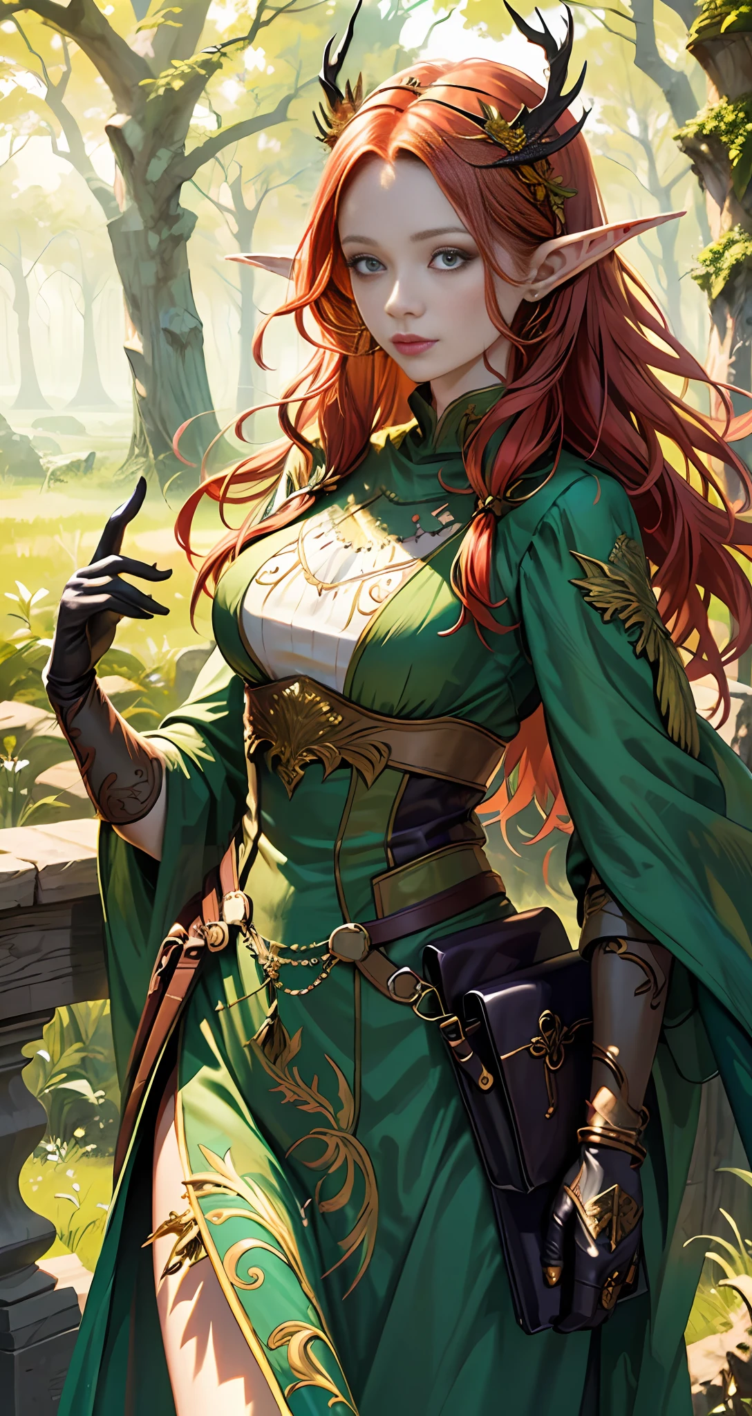 A picture of a woman with red hair and green dress, dress made of leaves, delicate golden pattern, goblin queen of summer forest, fantasy style art, beautiful girl, detailed fantasy digital art, very beautiful fantasy art, Forest elf, beautiful and elegant dryad, graphic artist magali villeneuve, nymph, (masterpiece, best quality: 1.2), (ultra detailed), (illustration), wallpaper, original,