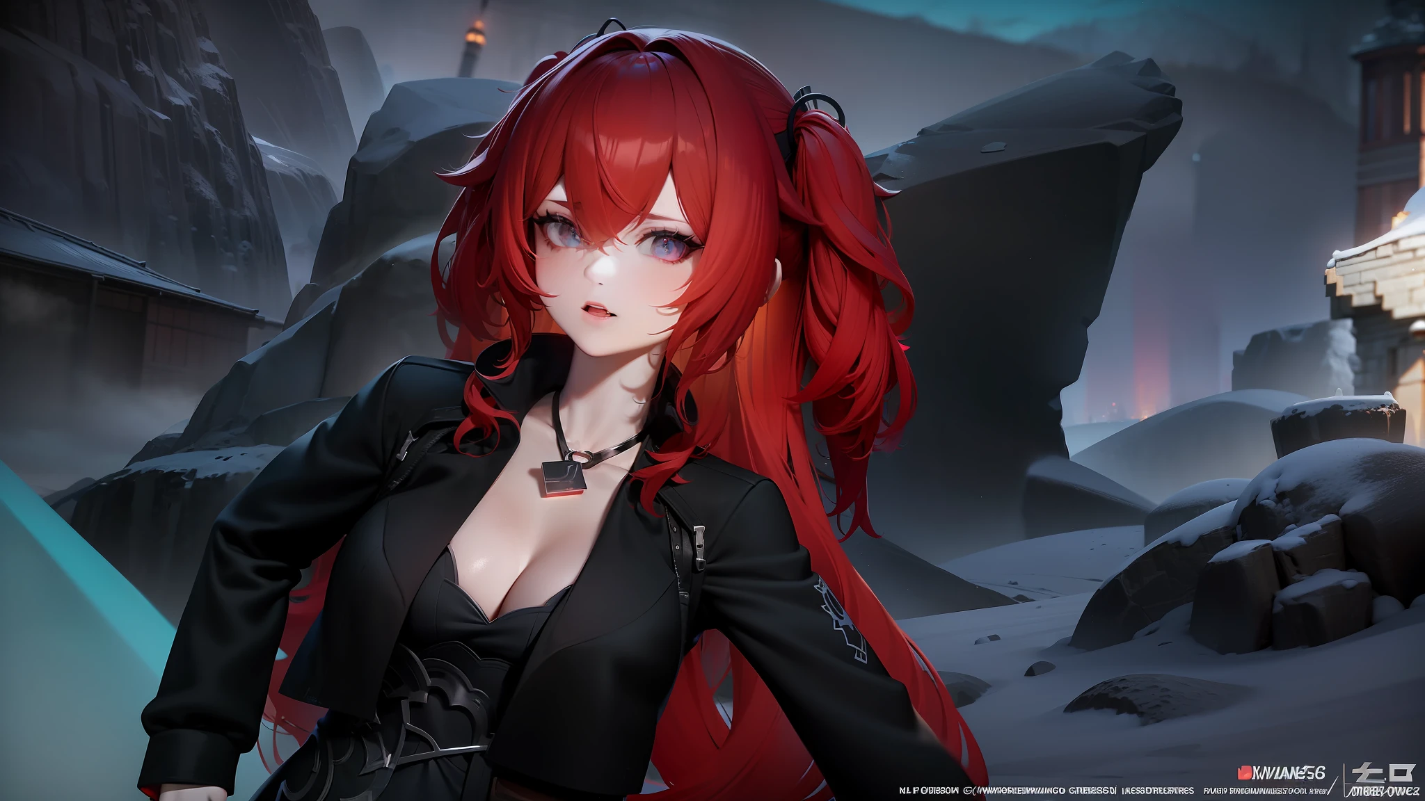 anime girl with red hair and black outfit standing in front of a snowy mountain, pink twintail hair and cyan eyes, messy black / red hair, final fantasy 14 style, she has red hair, 8 k character details, with red hair, she has long redorange hair, glowing crimson head, render of april, with curly red hair