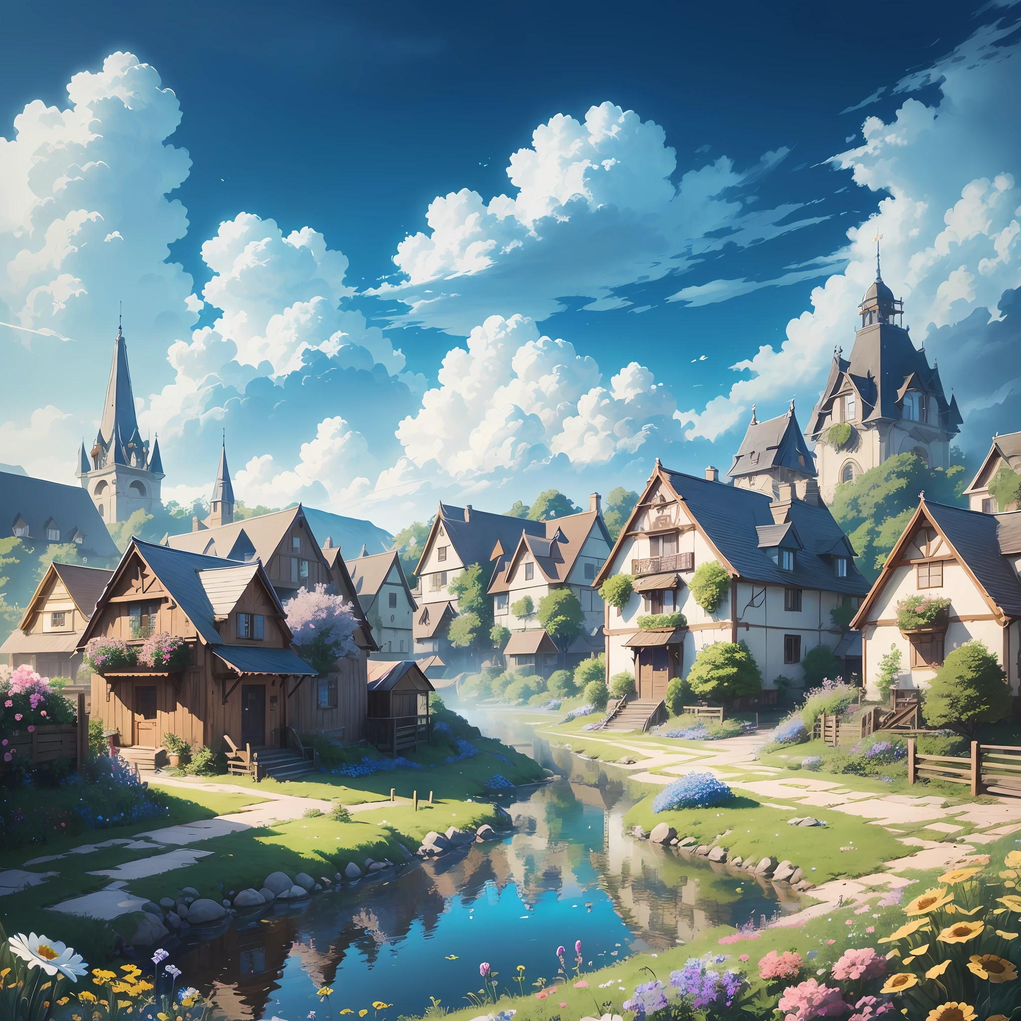 Masterpiece, best quality, (very detailed CG unity 8k wallpaper) (best quality), (best illustration), anime, village, flowers, blue sky, --v6