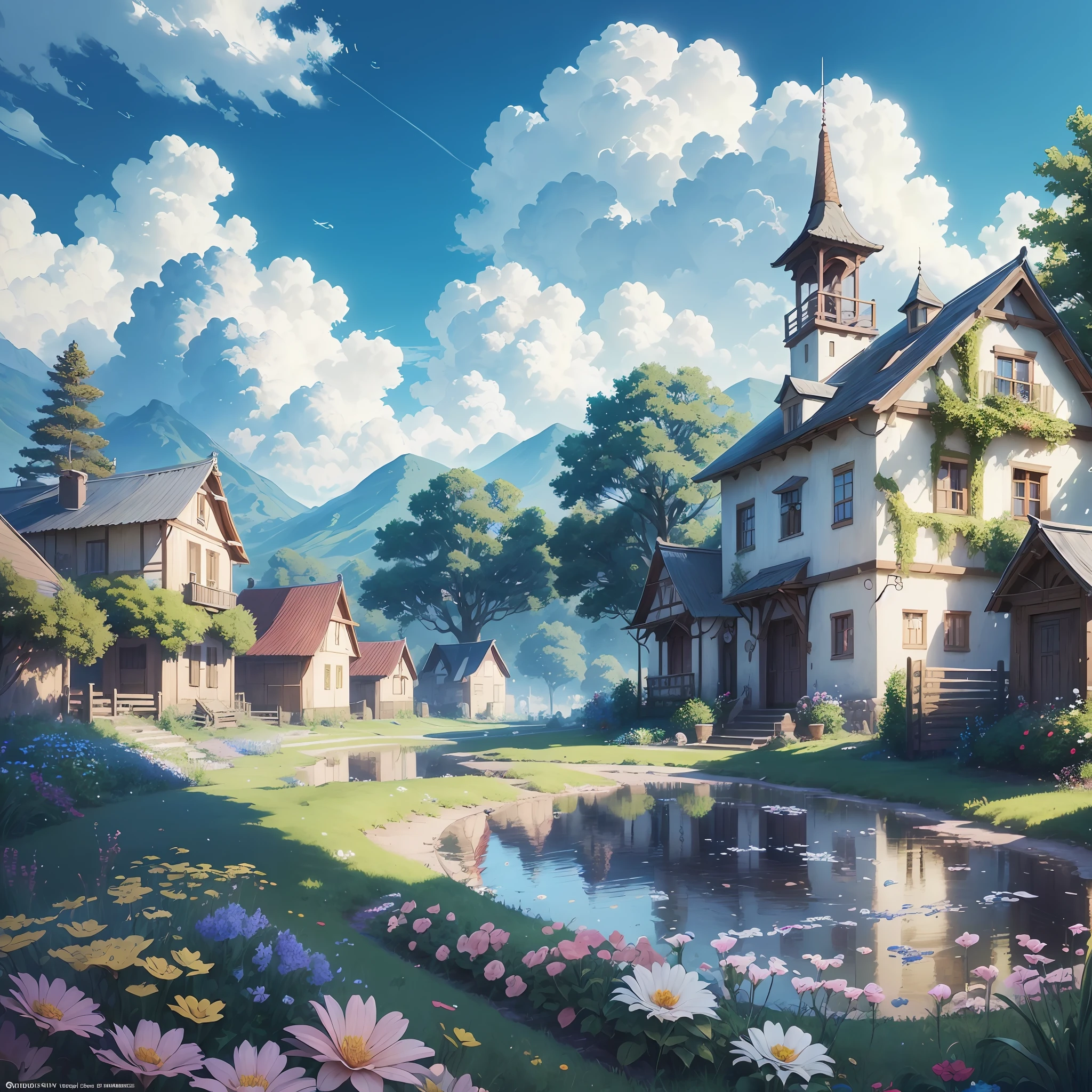 Masterpiece, best quality, (very detailed CG unity 8k wallpaper) (best quality), (best illustration), anime, village, flowers, blue sky, --v6