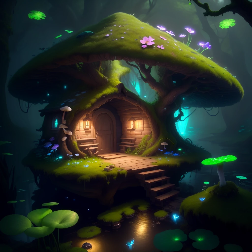 masterpiece, best quality, (extremely detailed CG unity 8k wallpaper), (best quality), (best illustration), (best shadow),（ A mushroom house covered with moss）,(((dew))),（timbo）,（creek）,firefly,clover,wtarlight surrounds the room，petal,  octane render,ray tracing,ultra detailed，