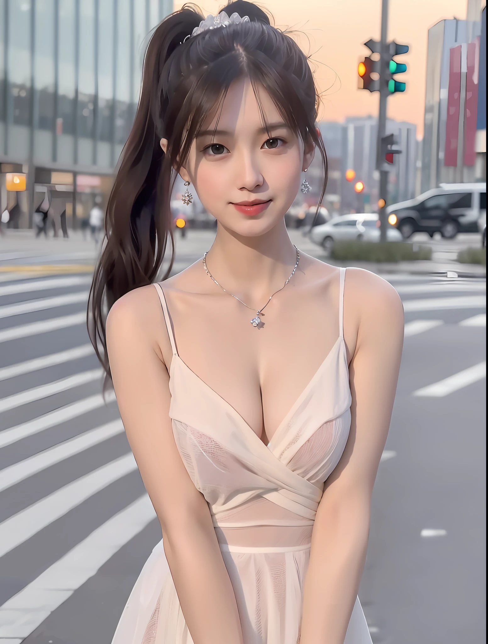 (standing on a dark street), (highway lights), (subdued lighting), (night), random poses, (an extremely delicate and beautiful work), (masterpiece), 1 girl, one in a white dress girl, very detailed, leaky waist, twisted ponytail, charming expression, beautiful and clear eyes, beautiful and clear eyes, delicate necklace, delicate earrings, fairy ears, simple blurred background, extreme detail description ,beautiful, charming, super fine painting, pretty face, fine body, fine body, fine body, fine body, fine body, delicate body, fine clavicle, fine clavicle, fine clavicle, fine clavicle , beautiful lips, smooth buttocks, mix4, (8k, RAW photo, best quality, masterpiece: 1.37), (realistic, realistic: 1.37), 1 girl, cute, cityscape, night, rain, humidity, professional lighting , photon mapping, radiation, physics cs-based rendering,