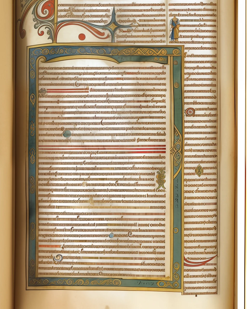 a medieval manuscript, (((one page))), architecture, detailed text, vignette, text, view from above, centred, extremely high details