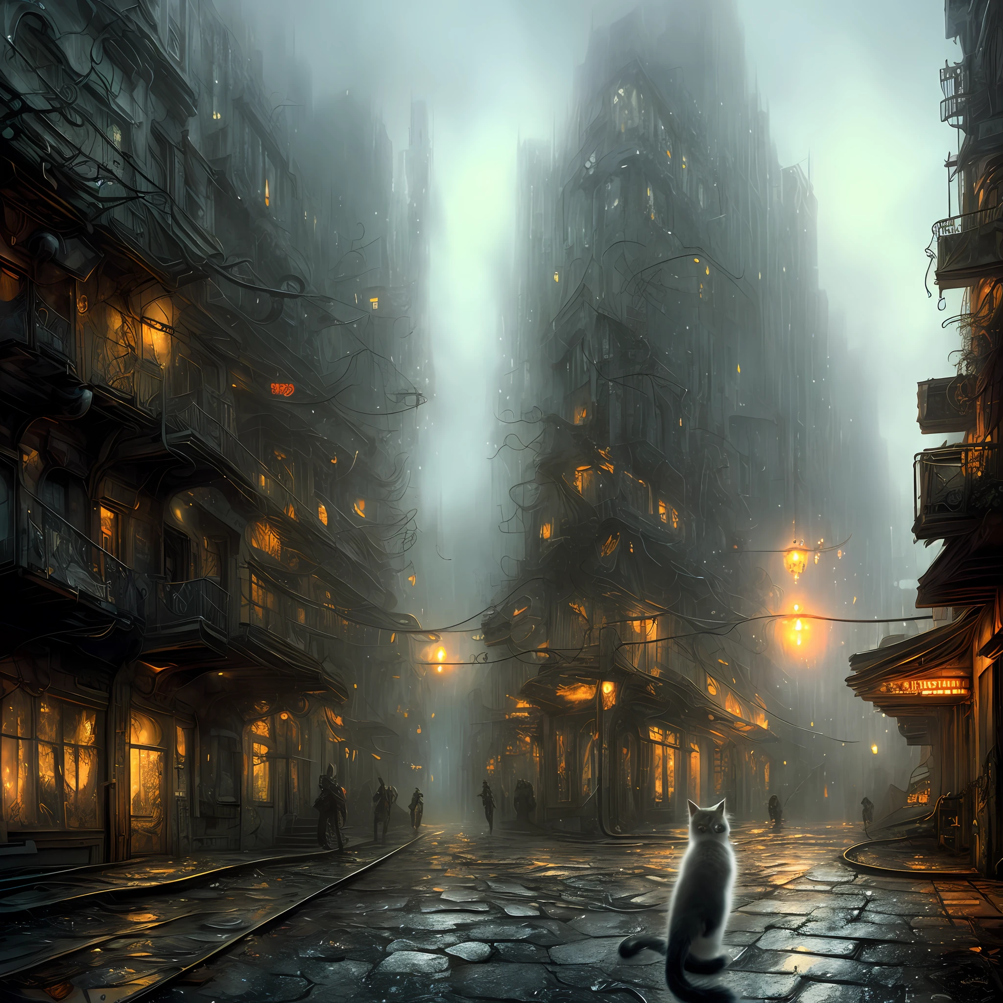 (ultra photorealistic: 1.3) image of a cute kitten in sci-fi armor walking down the alley of an apocalyptic city, abandoned, rtx, reflections, cinematic lighting, octane, 8k, best quality, masterpiece, illustration, apocalyptic city, destroyed, fire, debris, fog, detailed skin, full body, beautiful eyes, few electric lights, neon sign, rainy day, art by hr giger, tail