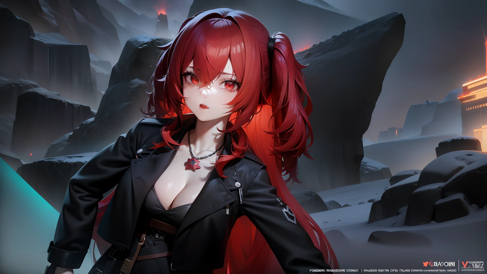 anime girl with red hair and black outfit standing in front of a snowy mountain, pink twintail hair and cyan eyes, messy black / red hair, final fantasy 14 style, she has red hair, 8 k character details, with red hair, she has long redorange hair, glowing crimson head, render of april, with curly red hair