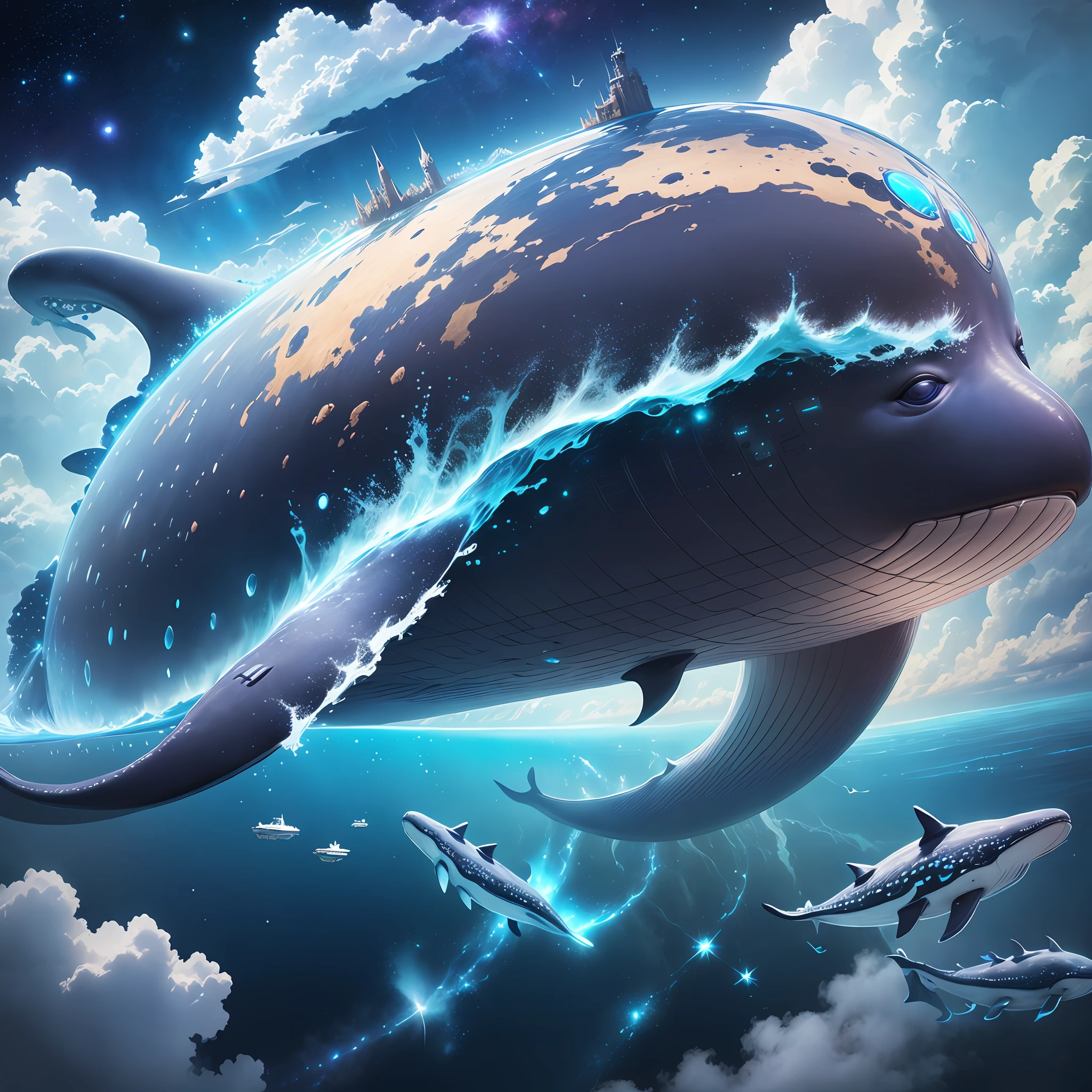 Space magic whale, huge whale with a city on its back, metaverse concept art, magical ocean, floating city on clouds, galaxy whale, huge floating castle, digital dreamland, magical fantasy 2d concept art, magical concept Art --v 6