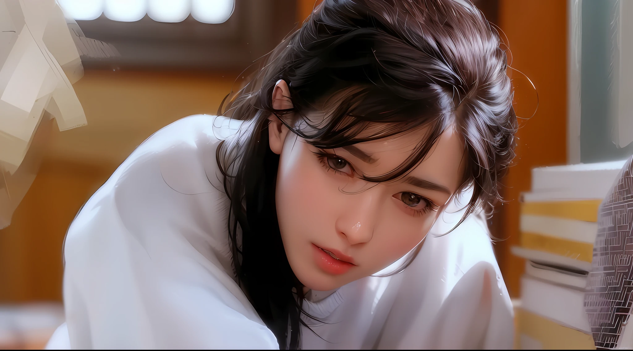 best quality, masterpiece, black hair, black eyes, looking up, upper body