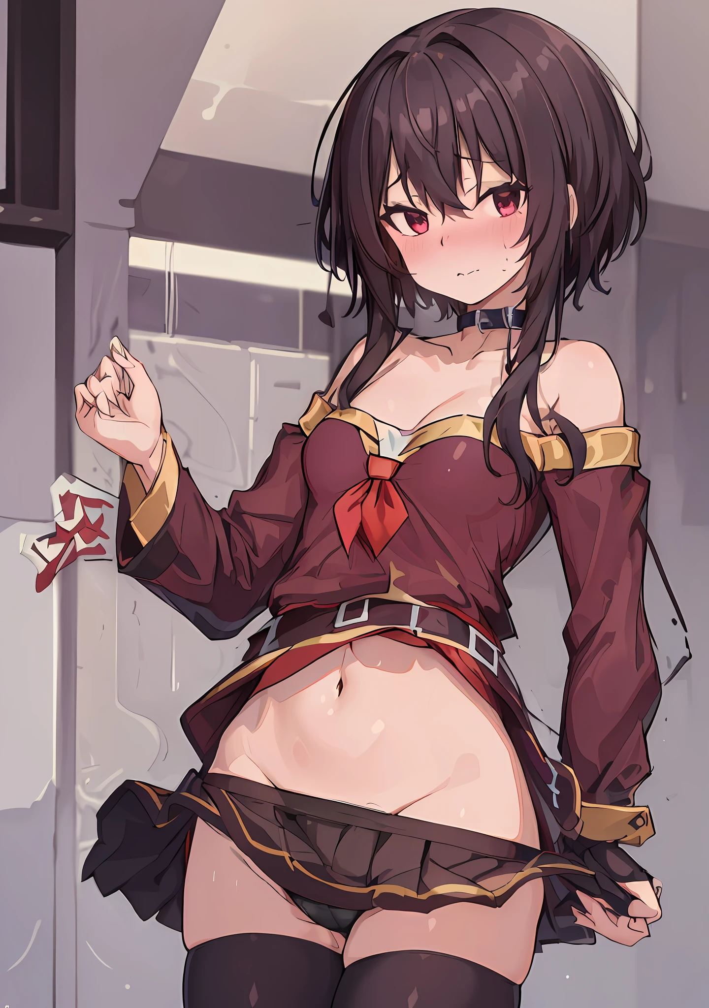 "(A true masterpiece with the best quality). In this NSFW image, a schoolgirl with a flat chest and small tits is adorned in a uniform, looking both shy yet eager to show off. Her cleavage and panties are teasingly visible through her translucent outfit."
