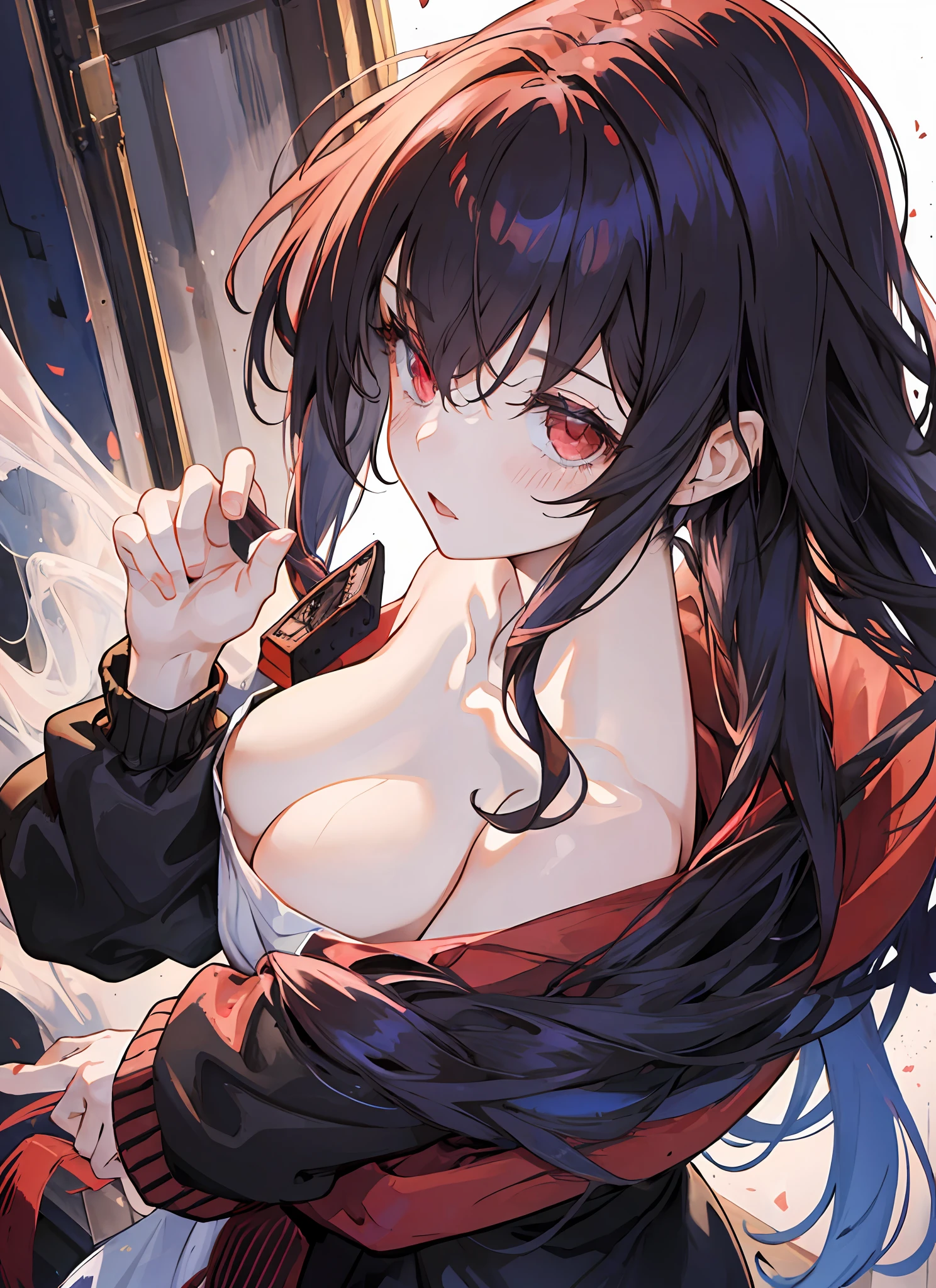 1girl, breasts, building, red_eyes, long_hair, long_hair, solo, blush, looking_at_viewer, collarbone, naked sweater,