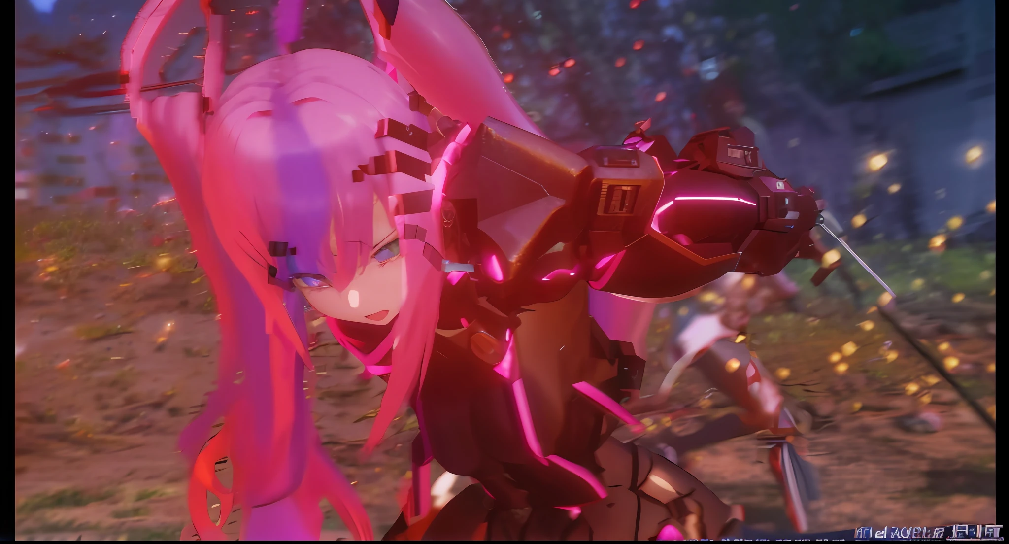 anime characters in a field with a pink light, fuchsia skin beneath the armor, fuchsia skin below the armor, slick pink armor, captured on canon eos r 6, ultra realistic 8k octan photo, cinematic shot ar 9:16 -n 6 -g, 8k artgerm bokeh