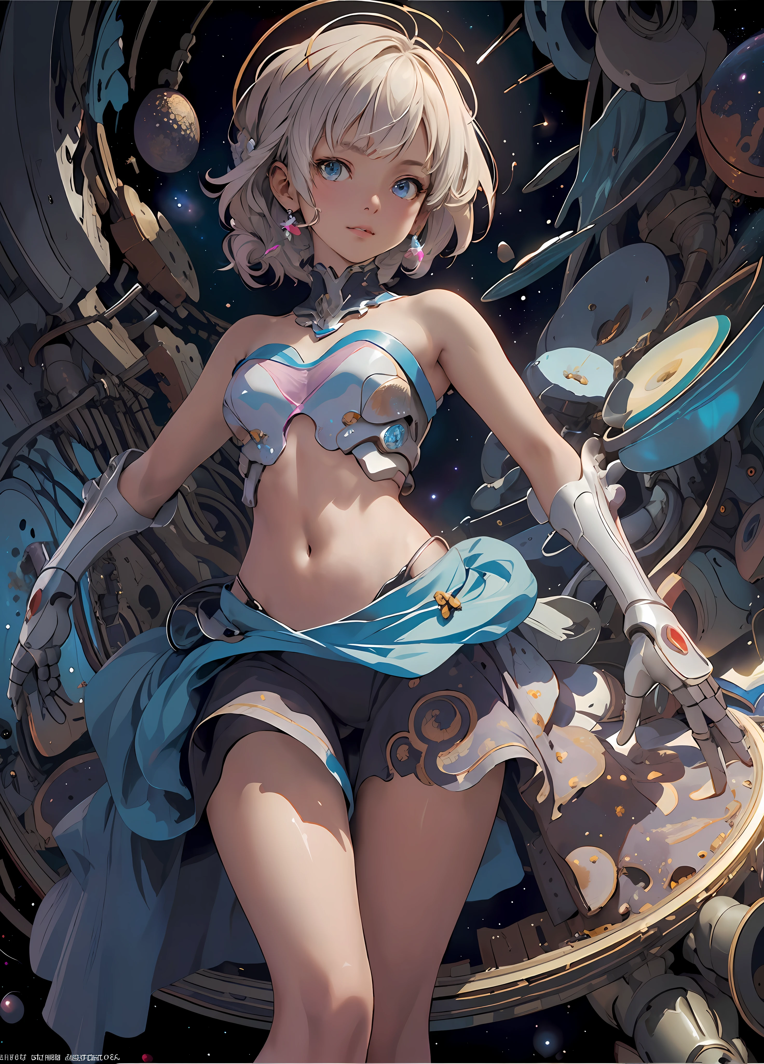 (masterpiece, top quality, best quality, official art, beauty and aesthetic: 1.2), (1girl), strapless, navel, sleeveless dress, very detailed, most detailed, very complex, robot parts, universe, space background, Viewer from below, close-up, reality: 1.2