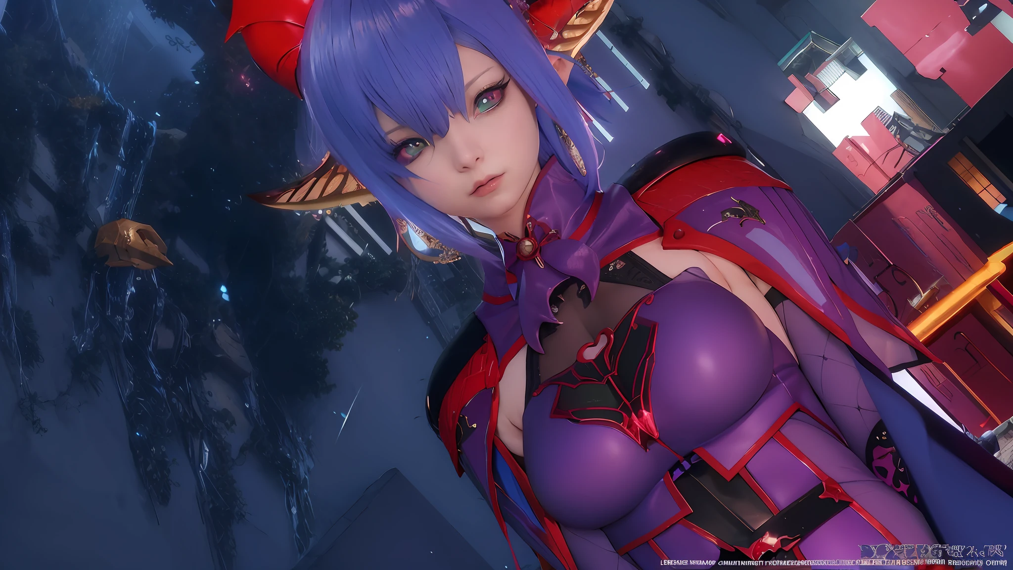 anime character with purple hair and blue eyes standing in front of a building, hd screenshot, fuchsia skin beneath the armor, red magic surrounds her, fuchsia skin below the armor, final fantasy 1 4 screenshot, tranding on pxiv, v from devil may cry as an elf, final fantasy 14 style, character close up, elf girl wearing an flower suit