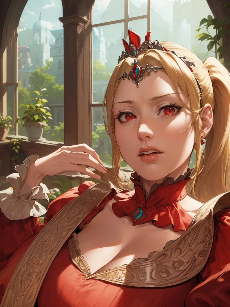 (Masterpiece, Best Quality, High Quality, Highres:1.4), Detailed, Extremely Detailed, Ambient Soft Lighting, 4K, Ornate,
Indoors, (Renaissance, Vintage:1.4), Plants, Window,
1Gril, (Solo:1.4), (Milf:1.2), Standing, Upper Body, (Face Focus:1.2),
(Extremely Detailed Hair:1.2), Blonde Hair, Long Hair, Long Sidelocks, Bangs, (Hair Intakes, High Ponytail:1.4),
Expressionless, Emotionless, (Red Eyes, Glaring, Contempt, Disgust, Looking at Viewer:1.2),
Curvy, Huge Breasts, Skindentation,
(Tiara:1.2), Crown, (Cleavage, Strapless, Red Dress, Frilled Dress, Long Skirt, Puffy Skirt, Puffy Sleeves, Juliet Sleeves, Long Sleeves:1.2), Jewelry,