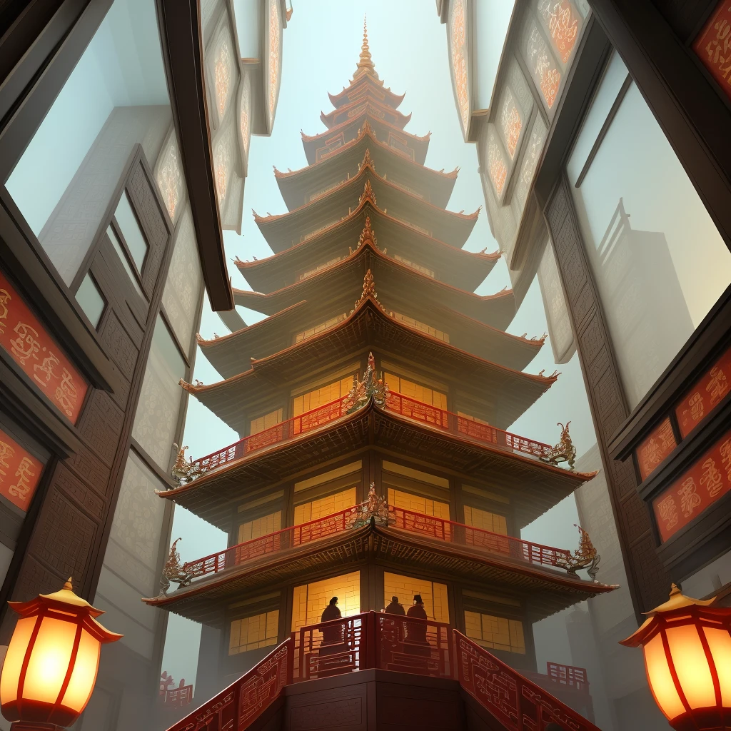 Glass sculpture pagoda, Chinese architecture, looking up, dragon, glass material