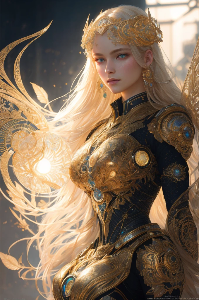 Portrait of a beautiful cyborg with 8k golden hair, intricate, elegant, finely detailed, majestic, digital photography, artgerm and the work of Ruan Jia and Greg Rutkowski, surreal painting, filigree, broken glass, (masterpiece, Side light, fine and beautiful eyes: 1.2), HDR