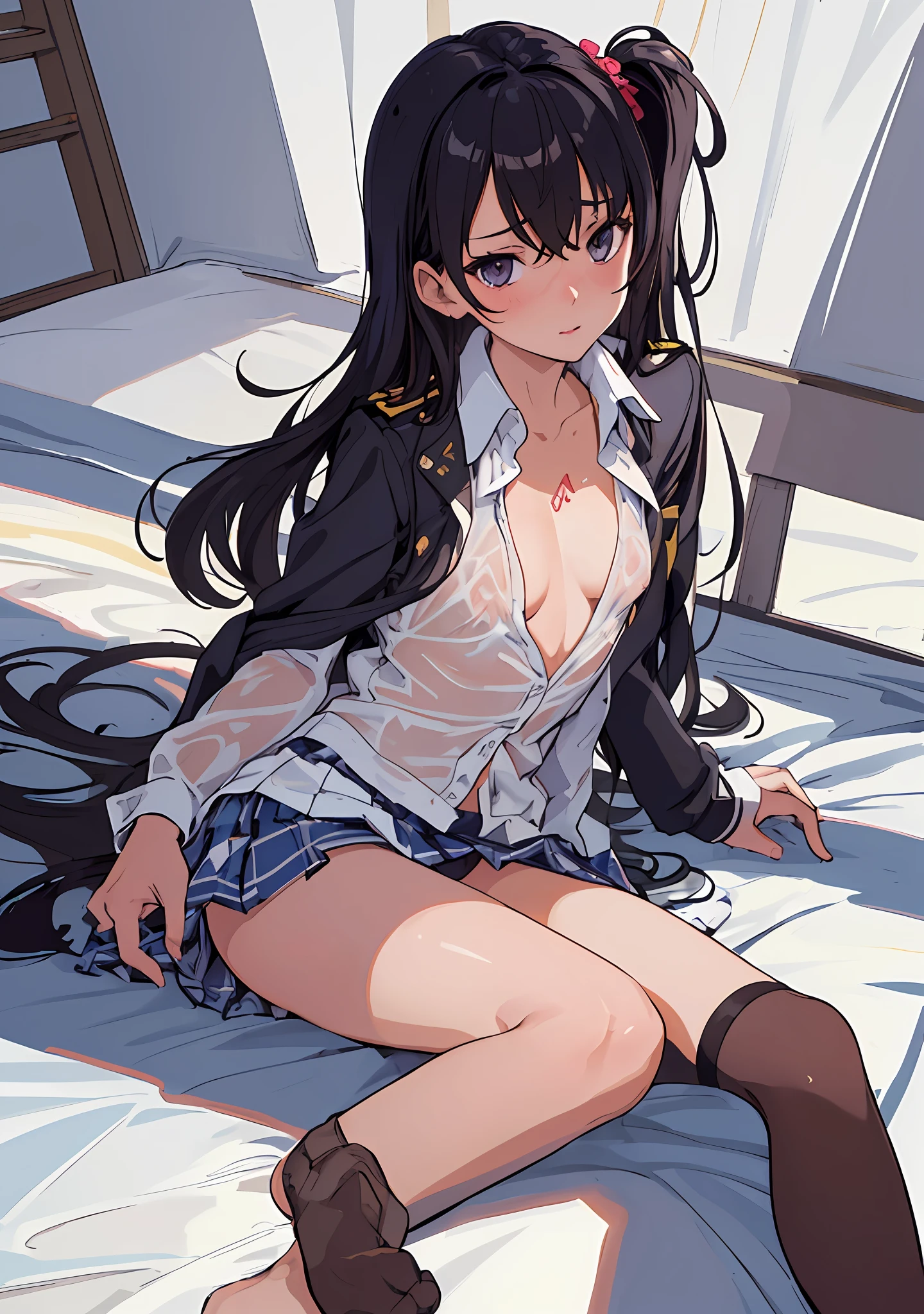 "(A true masterpiece with the best quality). In this NSFW image, a schoolgirl with a flat chest and small tits is lying down adorned in a uniform, looking both shy yet eager to show off. Her cleavage and panties are teasingly visible through her translucent outfit."