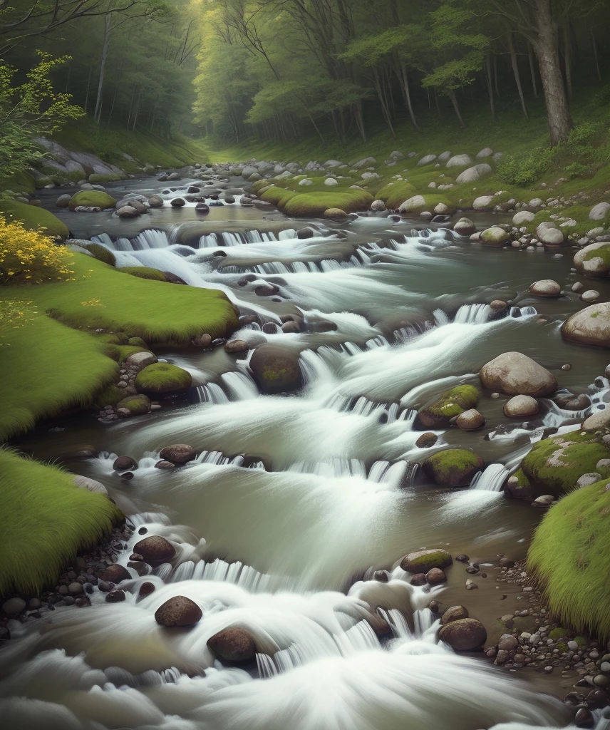 High quality realistic photo of a calm stream in a grassy valley with no rapids, ultra high res, (photorealistic:1.4), cinema lighting, insanely detailed, hyper realistic, fine details