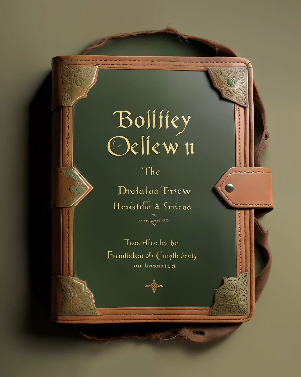 the front cover of a medieval book, pale brown leather, scruffy, title in green paint, tooling, copper furniture, view from above, centred, extremely high details