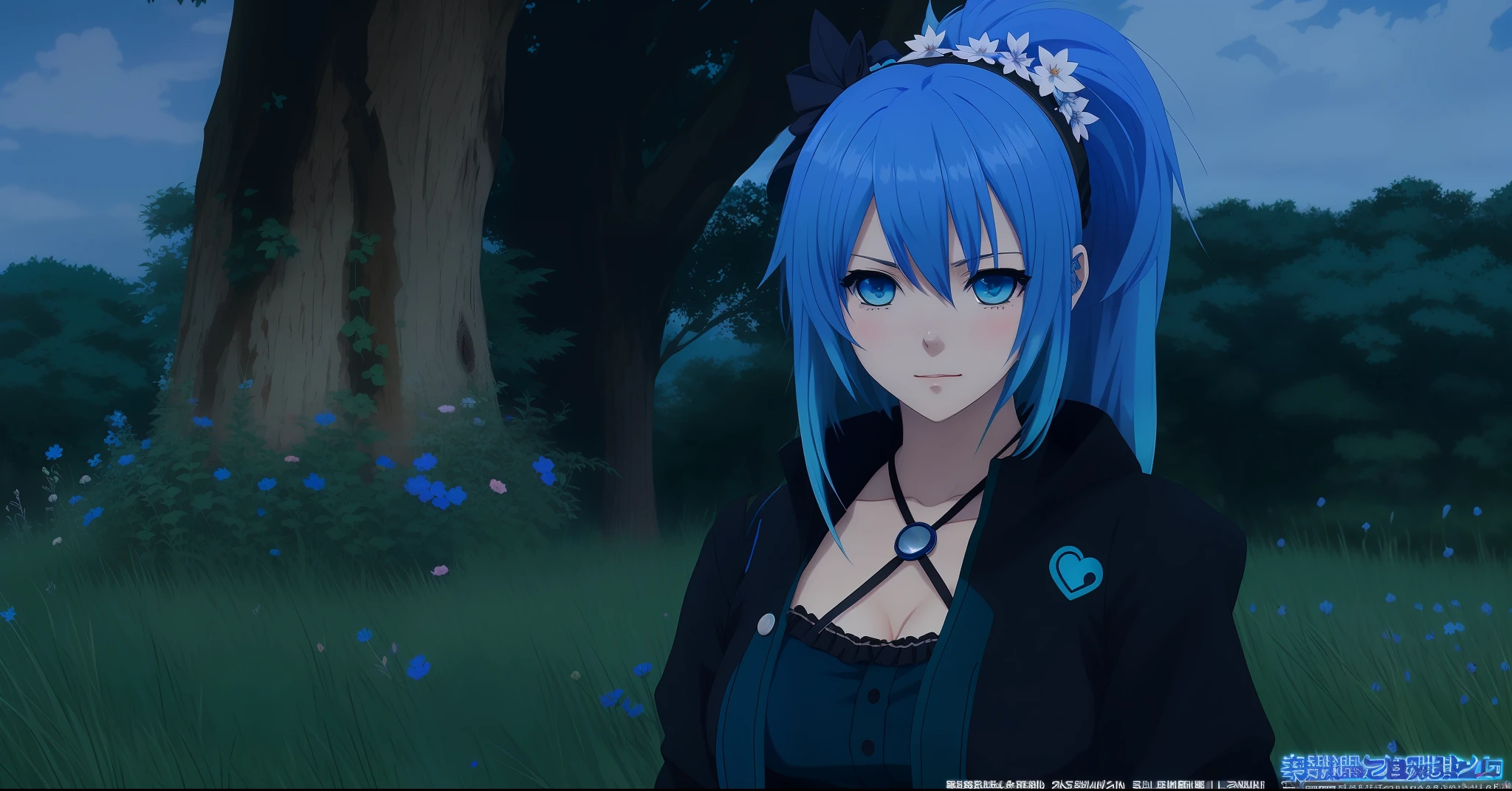 anime character with blue hair and black dress in grassy area, with blue hair, girl with blue hair, beautiful blue haired girl, rem rezero, 8 k character details, azure. detailed hair, mikudayo, anime girl with teal hair, pretty girl with blue hair, blue elf, blue hairs, sad cerulean eyes