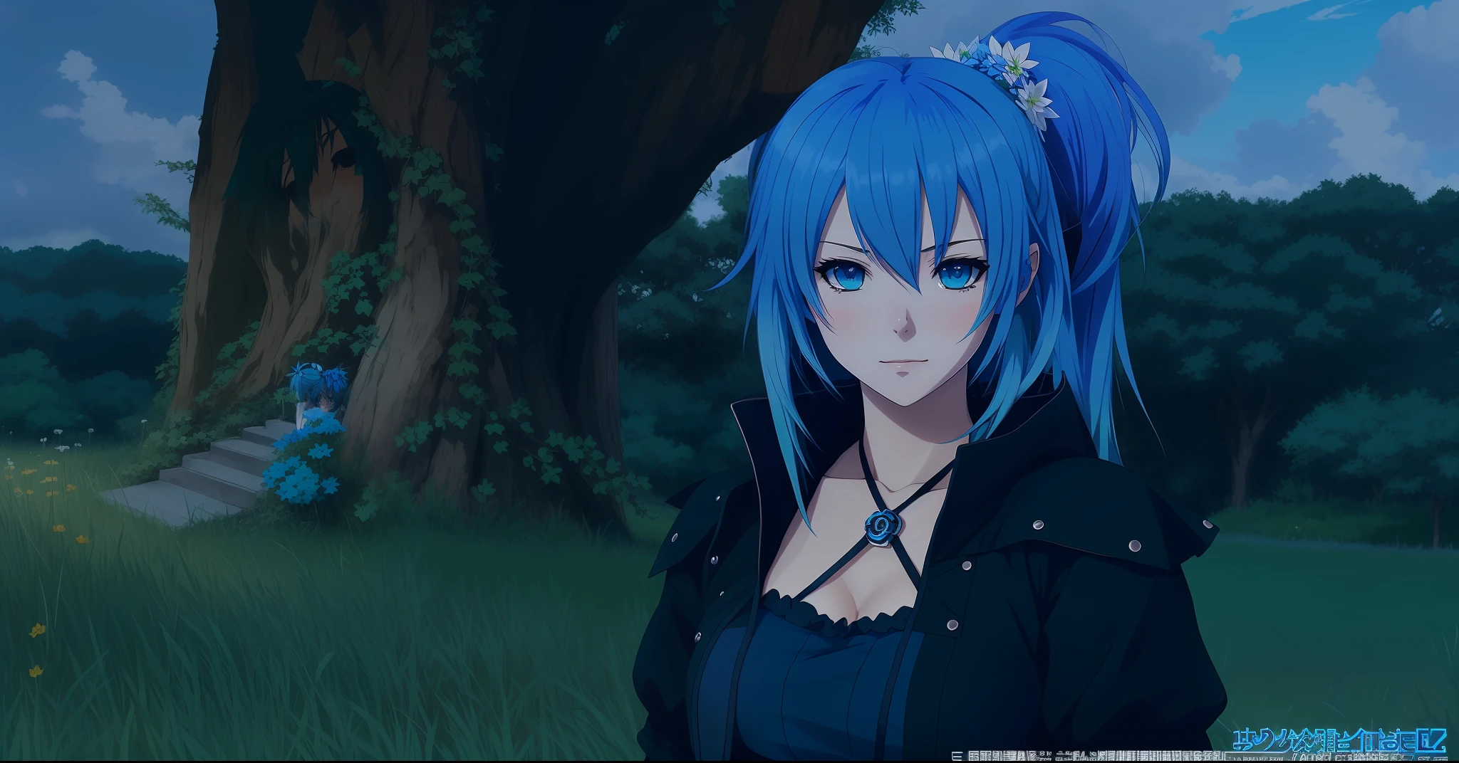 anime character with blue hair and black dress in grassy area, with blue hair, girl with blue hair, beautiful blue haired girl, rem rezero, 8 k character details, azure. detailed hair, mikudayo, anime girl with teal hair, pretty girl with blue hair, blue elf, blue hairs, sad cerulean eyes