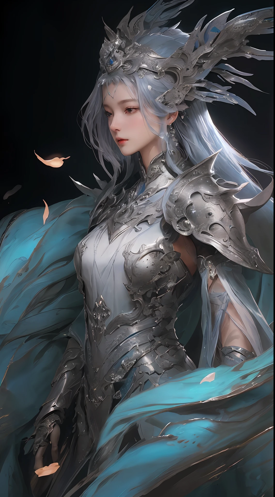 a close up of a woman in a silver and blue dress, chengwei pan on artstation, by Yang J, detailed fantasy art, stunning character art, fanart best artstation, epic exquisite character art, beautiful armor, extremely detailed artgerm, detailed digital anime art, artgerm on artstation pixiv, armor girl