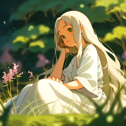 ghibli style, ghibli studio anime style, a character portrait inspired by Hayao Miyazaki, (masterpiece, best quality),1girl with long white hair sitting in a field of green plants and flowers, her hand under her chin, warm lighting, white dress, blurry foreground