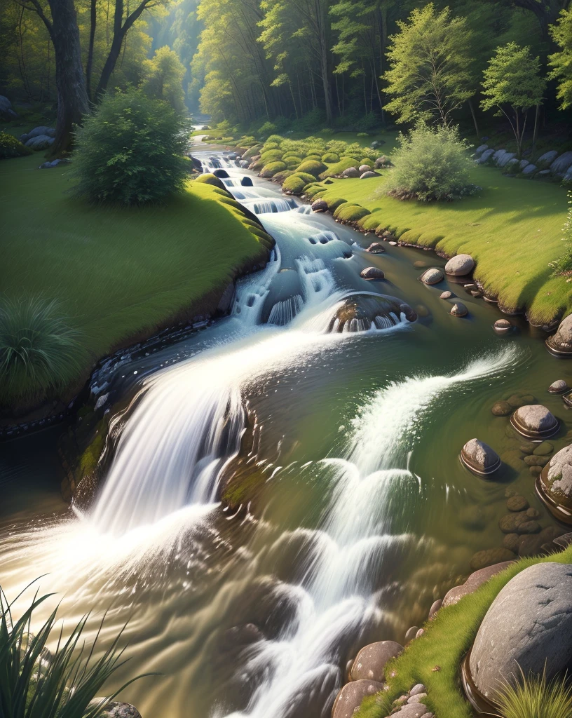 High quality realistic photo of a calm meandering narrow stream in a grassy valley free of rapids and rocks, ultra high res, (photorealistic:1.4), cinema lighting, insanely detailed, hyper realistic, fine details