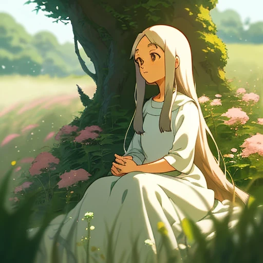 ghibli style, ghibli studio anime style, a character portrait inspired by Hayao Miyazaki, (masterpiece, best quality),1girl with long white hair sitting in a field of green plants and flowers, her hand under her chin, warm lighting, white dress, blurry foreground