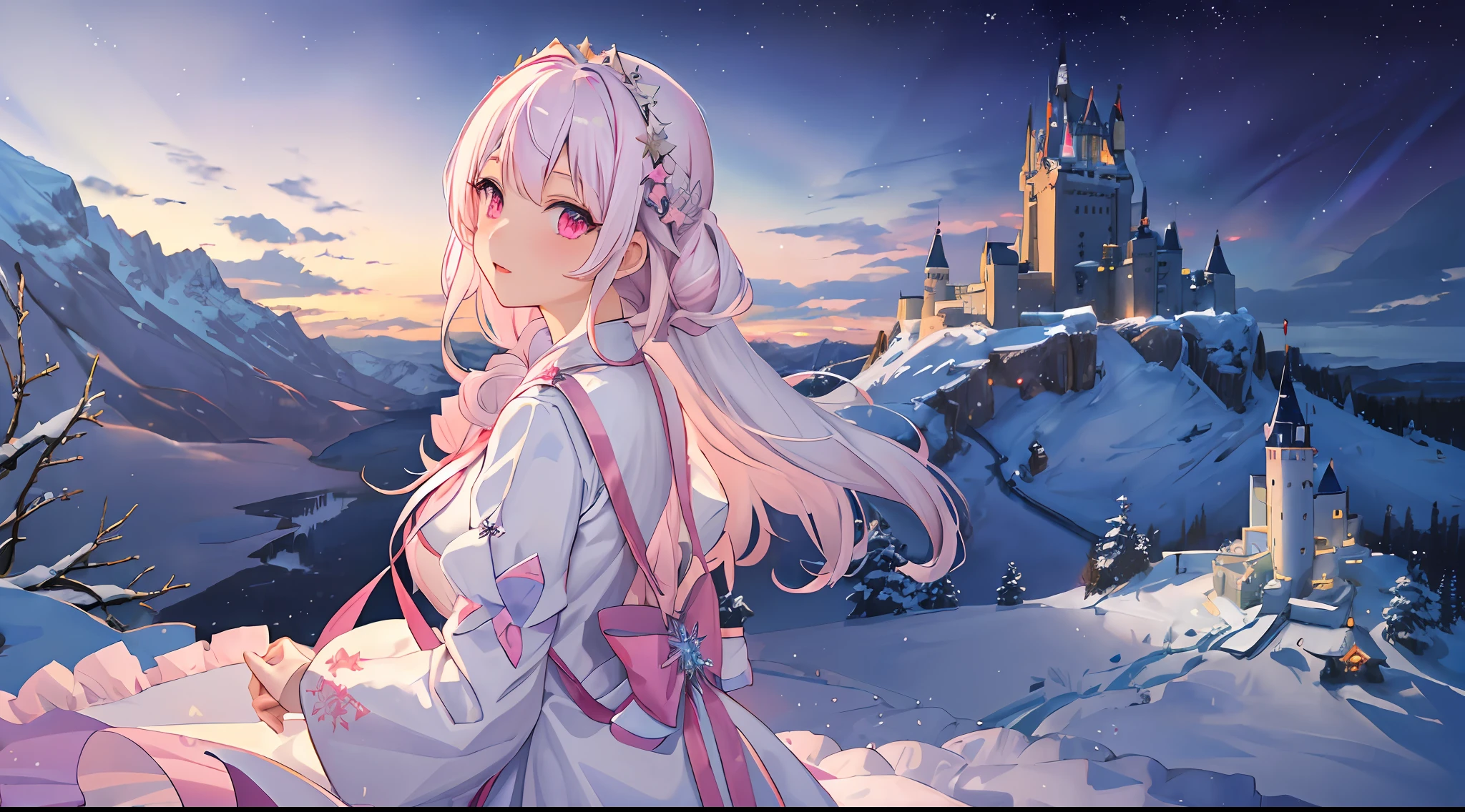 ((masterpiece,best quality, high resolution)), from aside, 1girl, solo, pink eyes, white hair, snowy plains, castle on background, scenery, nighttime, aurora, snowflakes, lowlight, lantern
