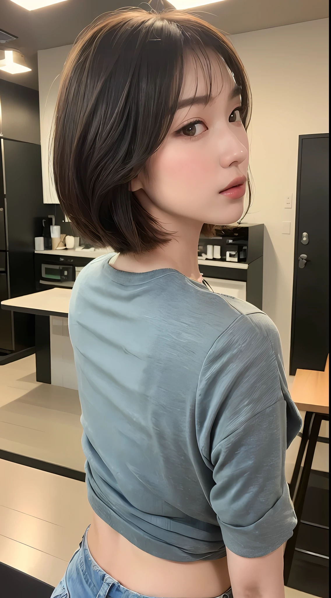 (Best quality, 8k, 32k, Masterpiece, UHD:1.3),Photo of glamorous Japanese woman, 1girl, (slender figure, perfect body :1.2), medium-short hair: 1.1, (casual clothes: 1.1), (indoor, night :1.2), turn back, look back, ultra-detailed face, detailed lips, detailed eyes, double eyelid