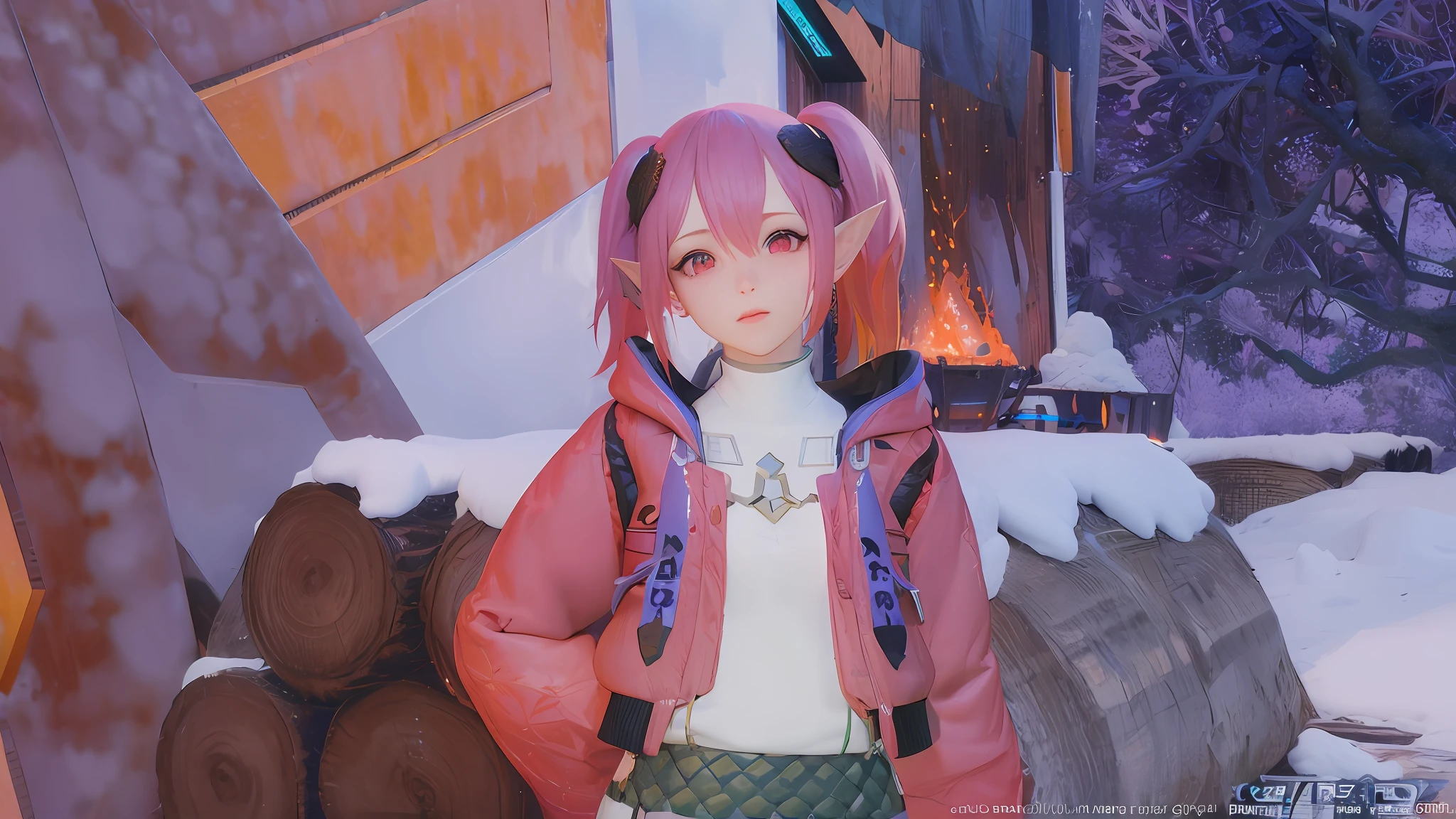 anime character in pink jacket standing in front of a pile of logs, pink twintail hair and cyan eyes, render of a cute 3d anime girl, 8 k character details, atelier lulua, rin, sakura haruno in slug sage mode, character close up, elf girl wearing an flower suit, close up character, high resolution details, lalafell, meri from phantasy star online 2 new genesis