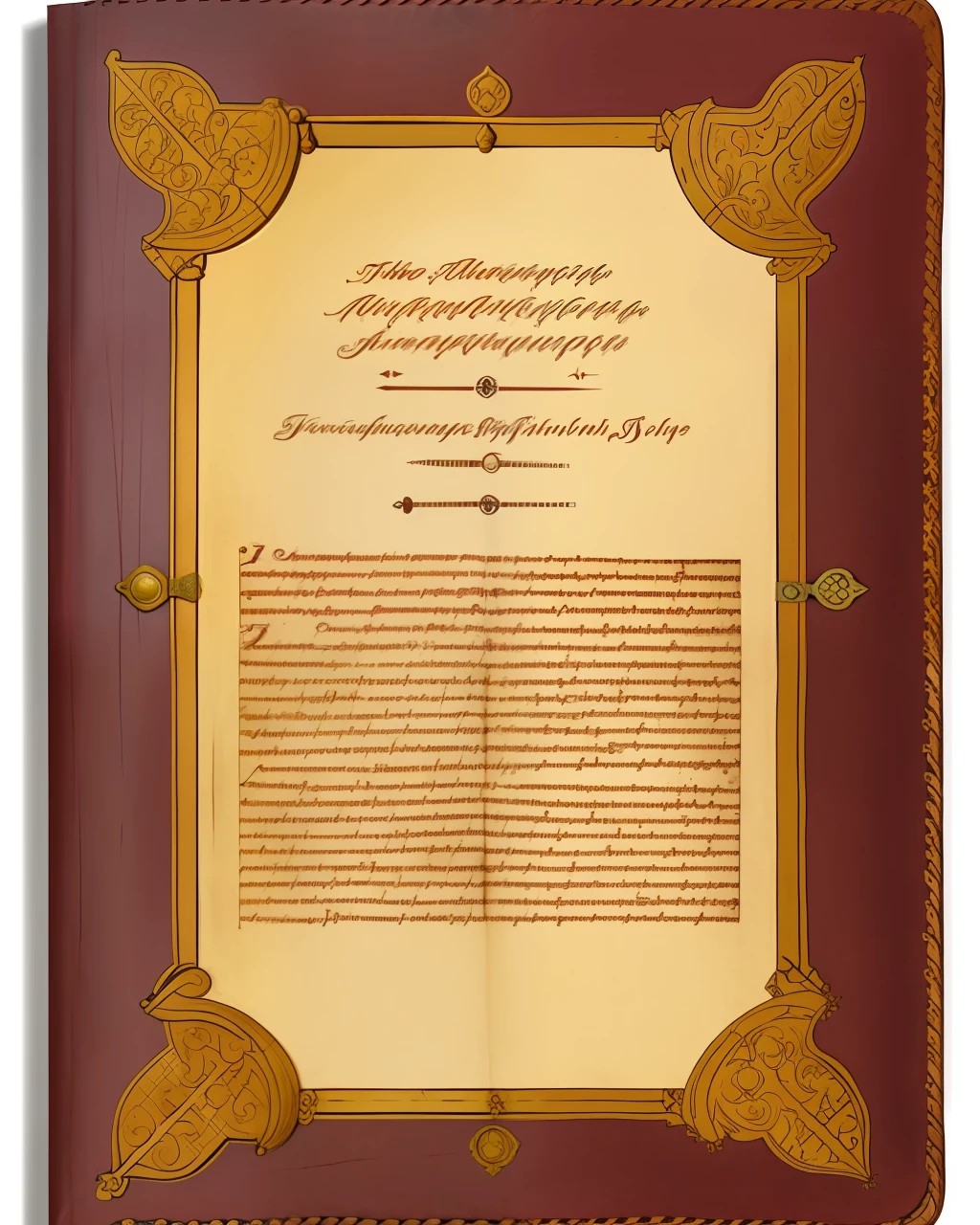 the front cover of an ancient medieval codex, pale burgundy and yellow scruffy rough leather, title in gold letters, tooling, furniture, view from above, centred, extremely high details, muted natural colours:1.0