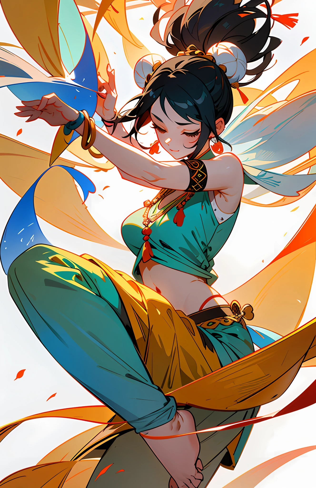 An ancient Chinese beauty in a dancing pose, gorgeous costumes embroidered with intricate embroidery, flowing tulle, transparent long colorful streamers tied around her arms, showing her navel, shoulders, and neck, black hair in a high bun Flower hairpin, streamers on armbands, wreath rings, bracelets, anklets, metal chain tassels on the waist, Mogao Grottoes art, Dunhuang Flying Apsaras mural inspiration, ink, cgstation popular, masterpiece, recent quality, 32K