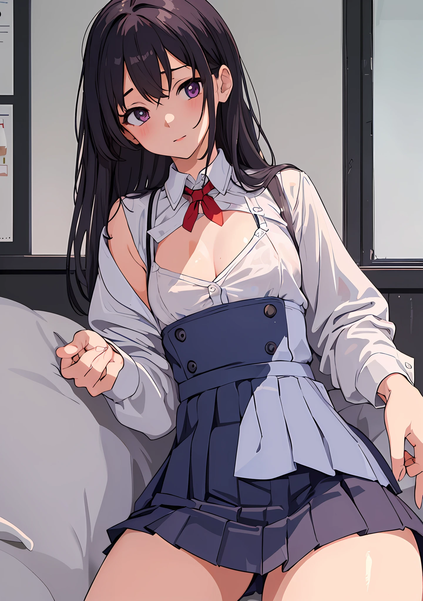 "(A true masterpiece with the best quality). In this NSFW image, a schoolgirl with a flat chest and small tits is lying down adorned in a uniform, looking both shy yet eager to show off. Her cleavage and panties are teasingly visible through her translucent outfit."