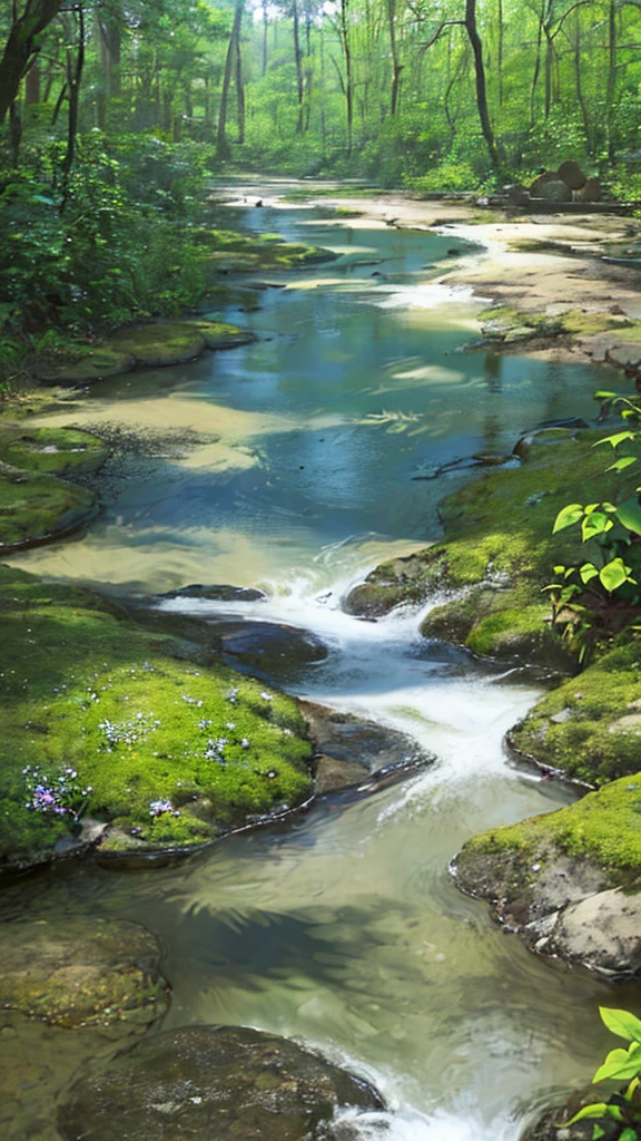 (Best quality)), (no photos of people), in the forest, frogs, quiet ponds, lots of wildflowers, creeks, stones, moss,