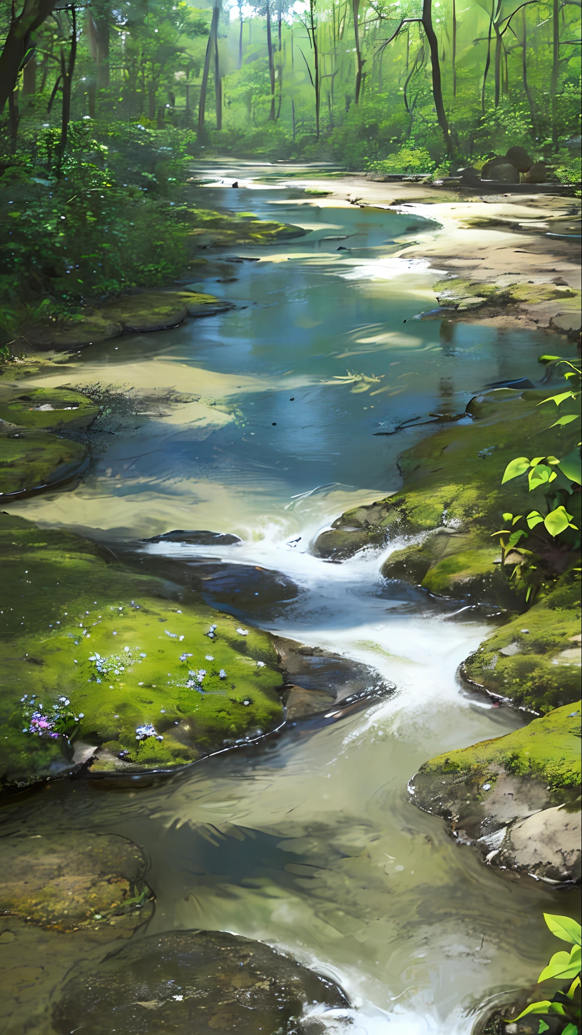 (Best quality)), (no photos of people), in the forest, frogs, quiet ponds, lots of wildflowers, creeks, stones, moss,