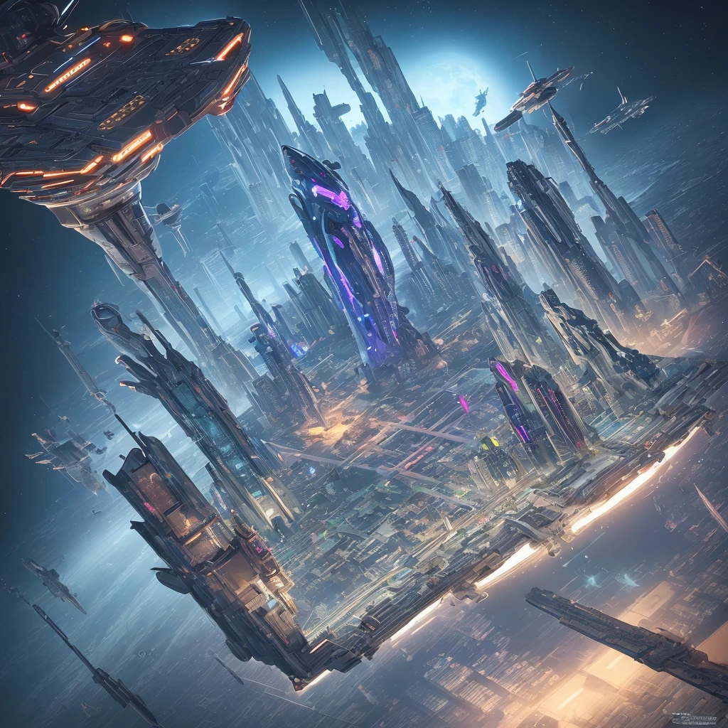 (best quality, masterpiece), detailed, beautiful isometric game art, city in space, stars, spaceships, sci-fi, cyberpunk