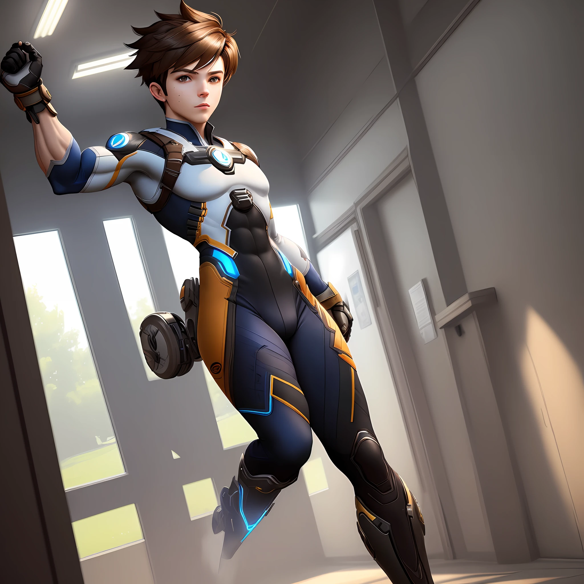 Masterpiece, Best Quality, 1boy, Tracer, Male Overwatch, Tights, bodysuit, Muscle, Indoor, Field, Highly Detailed, Intricate