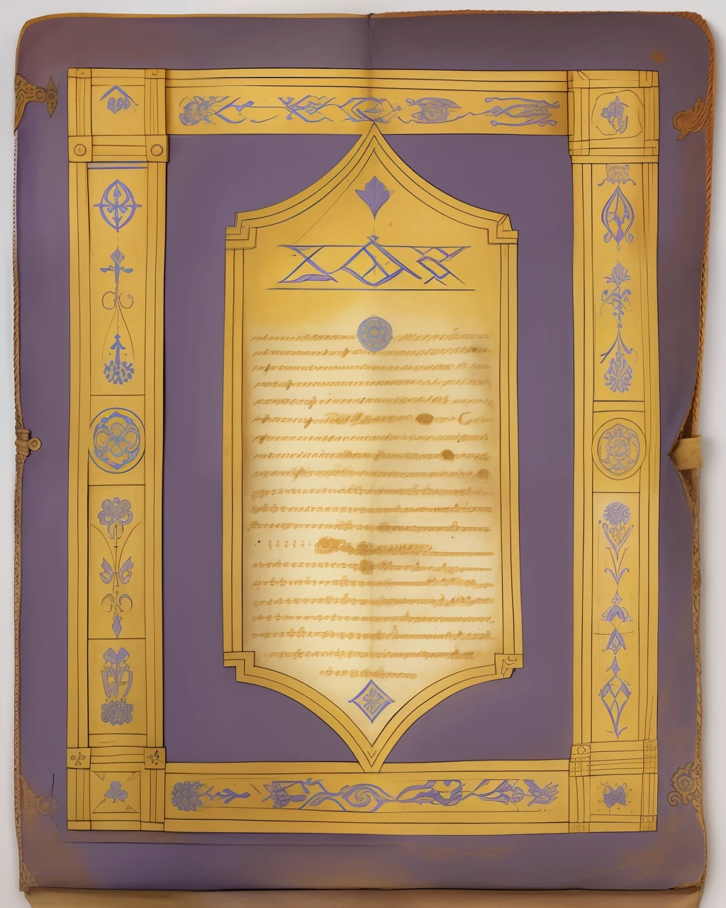 the front cover of an ancient medieval codex, pale violet and yellow and blue leather, golden cartouche with engraved title, tooling, furniture, view from above, centred, extremely high details, scruffy:1.5, rough1:5, muted natural colours:1.0