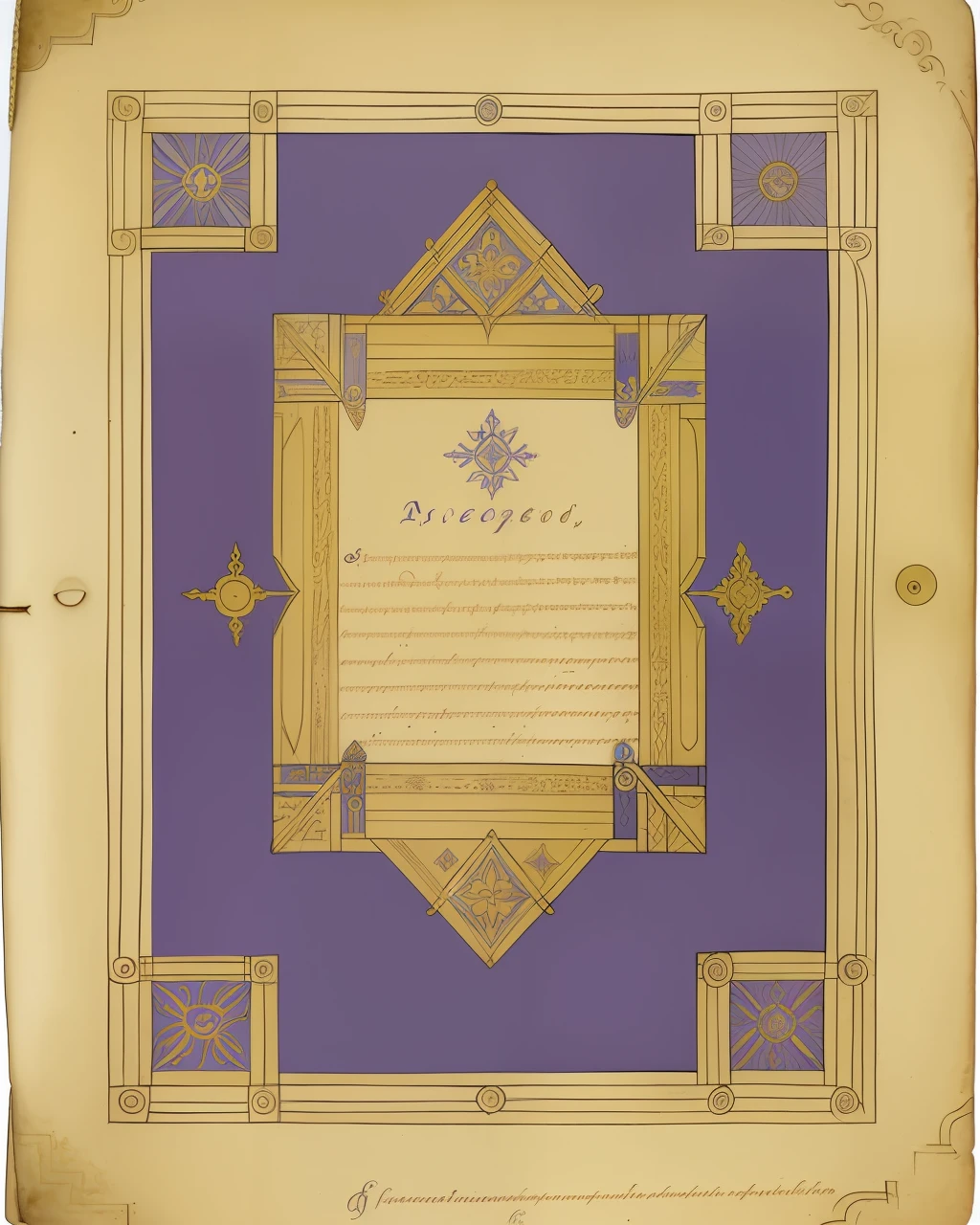 the front cover of an ancient medieval codex, pale violet and yellow and blue leather, golden cartouche with engraved title, tooling, furniture, view from above, centred, extremely high details, scruffy:1.5, rough1:5, muted natural colours:1.0