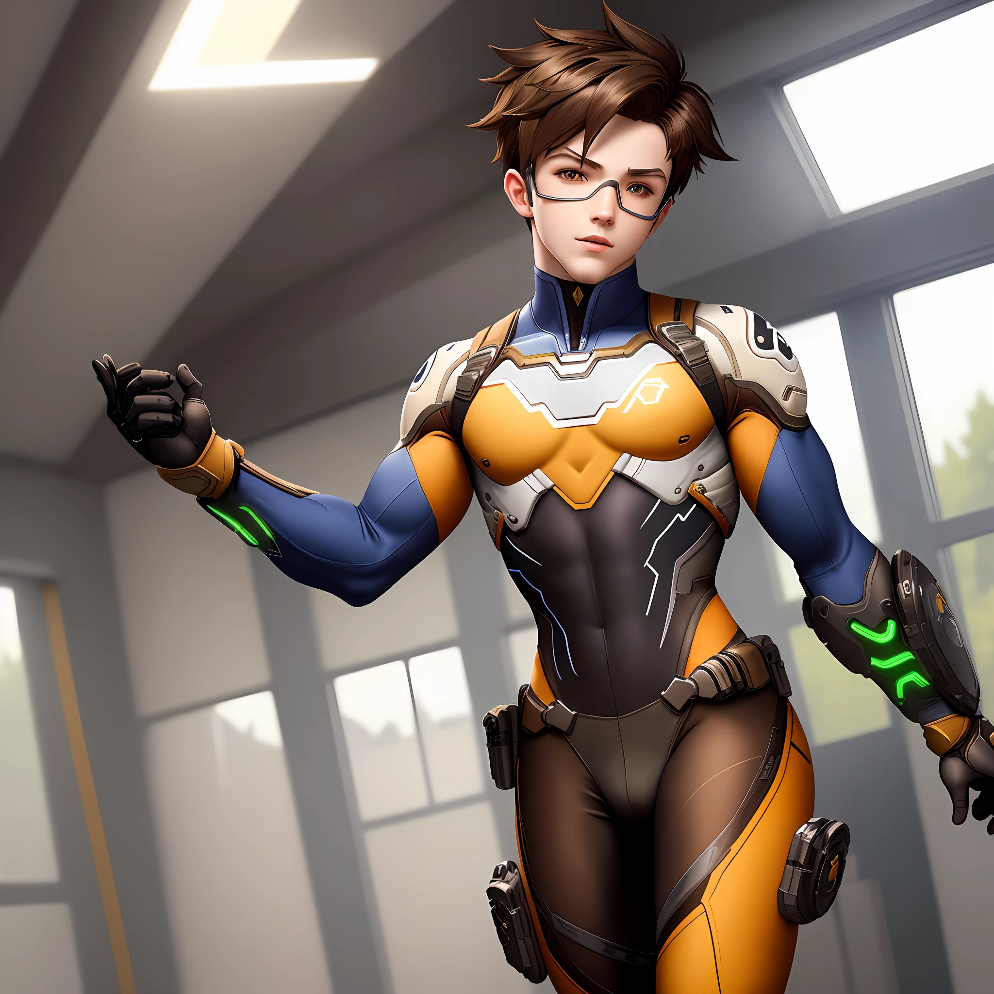 Masterpiece, Best Quality, 1boy, Tracer, Male Overwatch, Tights, bodysuit, Muscle, Indoor, Field, Highly Detailed, Intricate