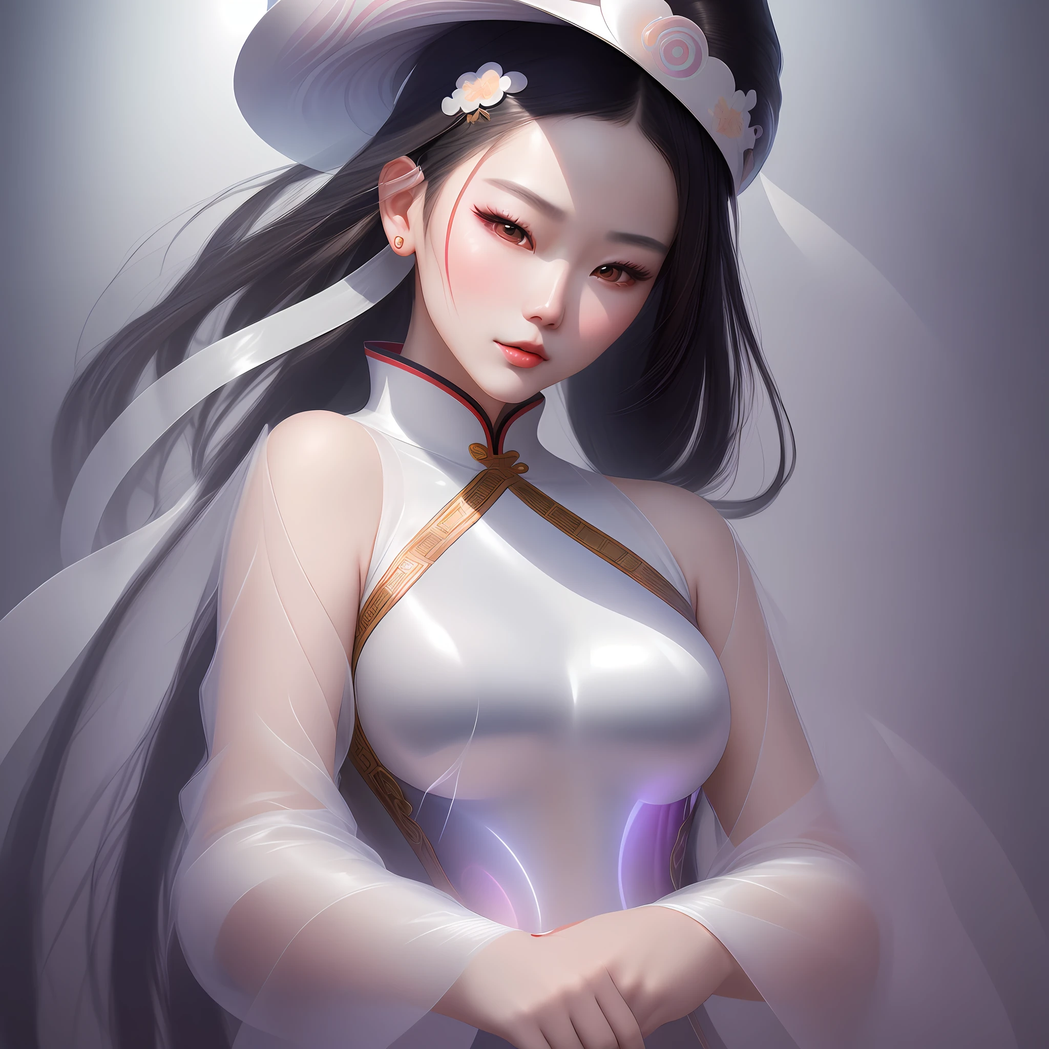 Portrait photography, by artgerm, Chinese women are shown in a smart stylized fashion photo, stylish headwear, inspired by top models, clever use of composition, inspired by Yanjun Cheng, inspiring use of texture, mother of pearl iridescent colors, unique repeating pattern, holographic white, realism