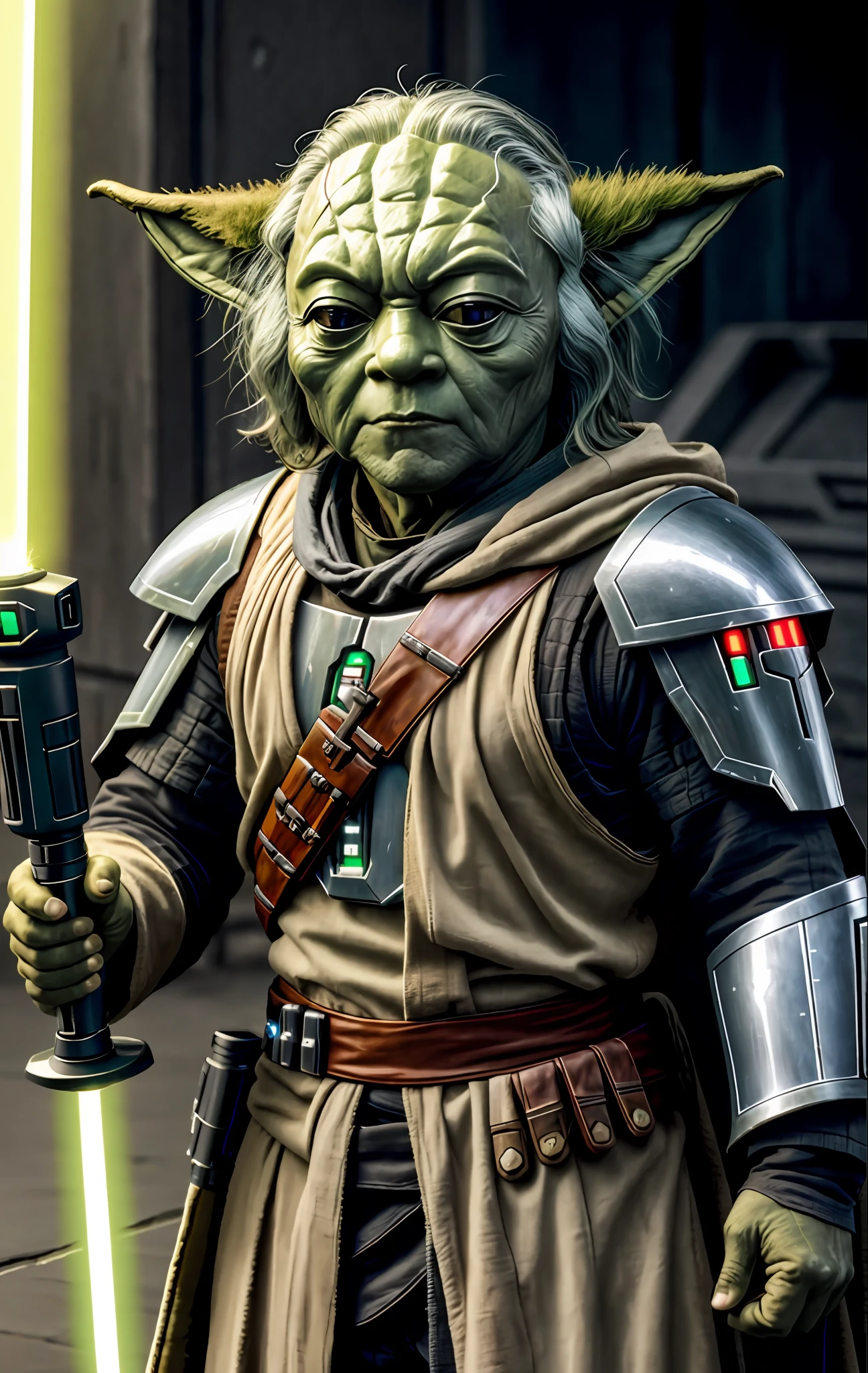 the only main character, Wearing metal Mandalorian armor, Facial features resembling Master Yoda, Handheld lightsaber, Star Wars movie poster, RAW photo, 8k uhd, dslr, soft lighting, high quality, film grain, Fujifilm XT3,8k HD high definition detailed realistic, hyper detailed.