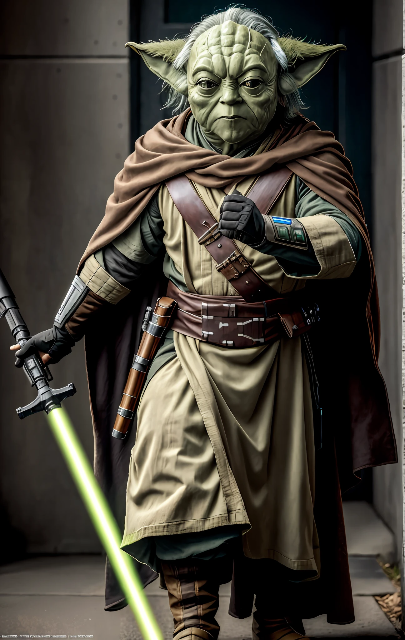 the only main character, Wearing metal Mandalorian armor, Facial features resembling Master Yoda, Handheld lightsaber, Star Wars movie poster, RAW photo, 8k uhd, dslr, soft lighting, high quality, film grain, Fujifilm XT3,8k HD high definition detailed realistic, hyper detailed.