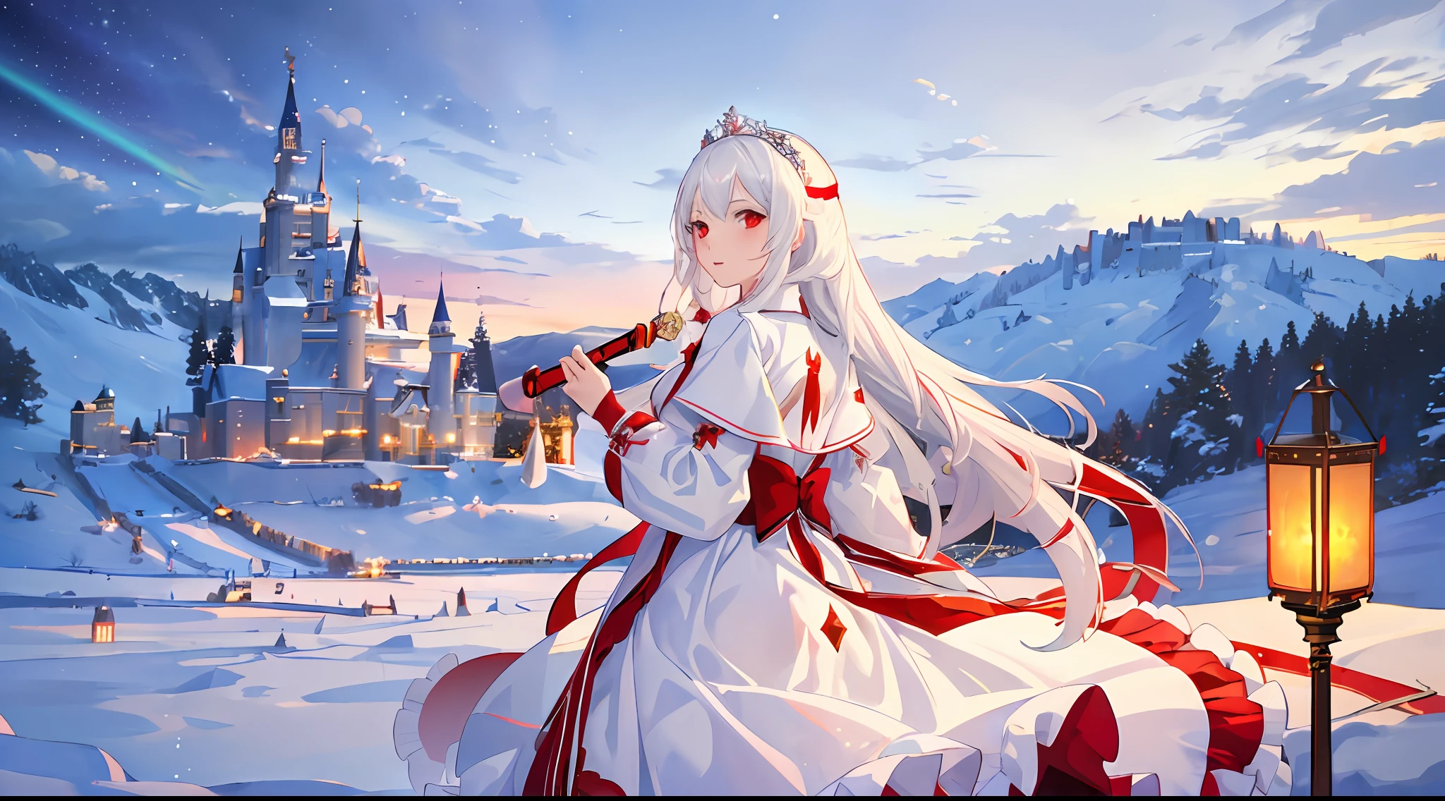 ((masterpiece,best quality, high resolution)), from aside, 1girl, solo, red eyes, white hair, queen outfit, tiara, snowy plains, castle on background, scenery, nighttime, aurora, snowflakes, dark, lowlight, carrying lantern