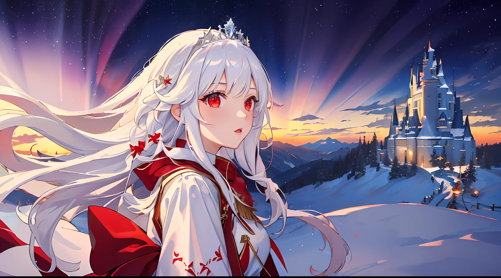 ((masterpiece,best quality, high resolution)), from aside, 1girl, solo, red eyes, white hair, queen outfit, tiara, snowy plains, castle on background, scenery, nighttime, aurora, snowflakes, dark, lowlight, carrying lantern