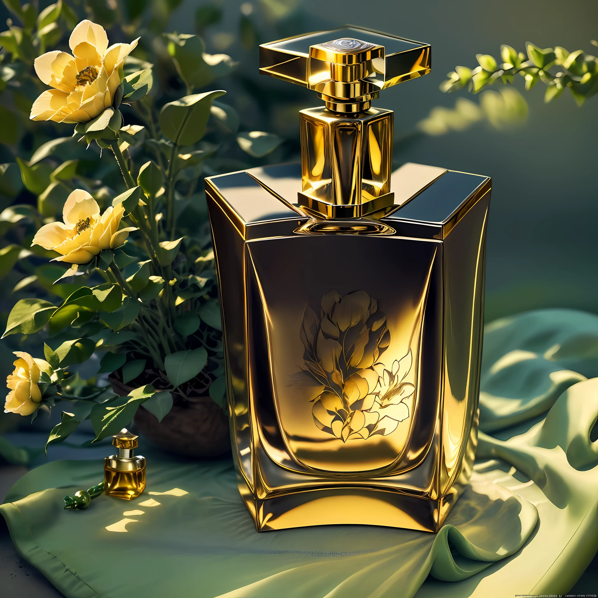 Close-up of a bottle of perfume, high-end, generating a beautiful golden background atmosphere, exquisite beauty head portrait background, OC rendering, light and shadow, Product photography of a perfume bottle arranged with plants and flowers, realistic, light background, realistic rendering --v 6